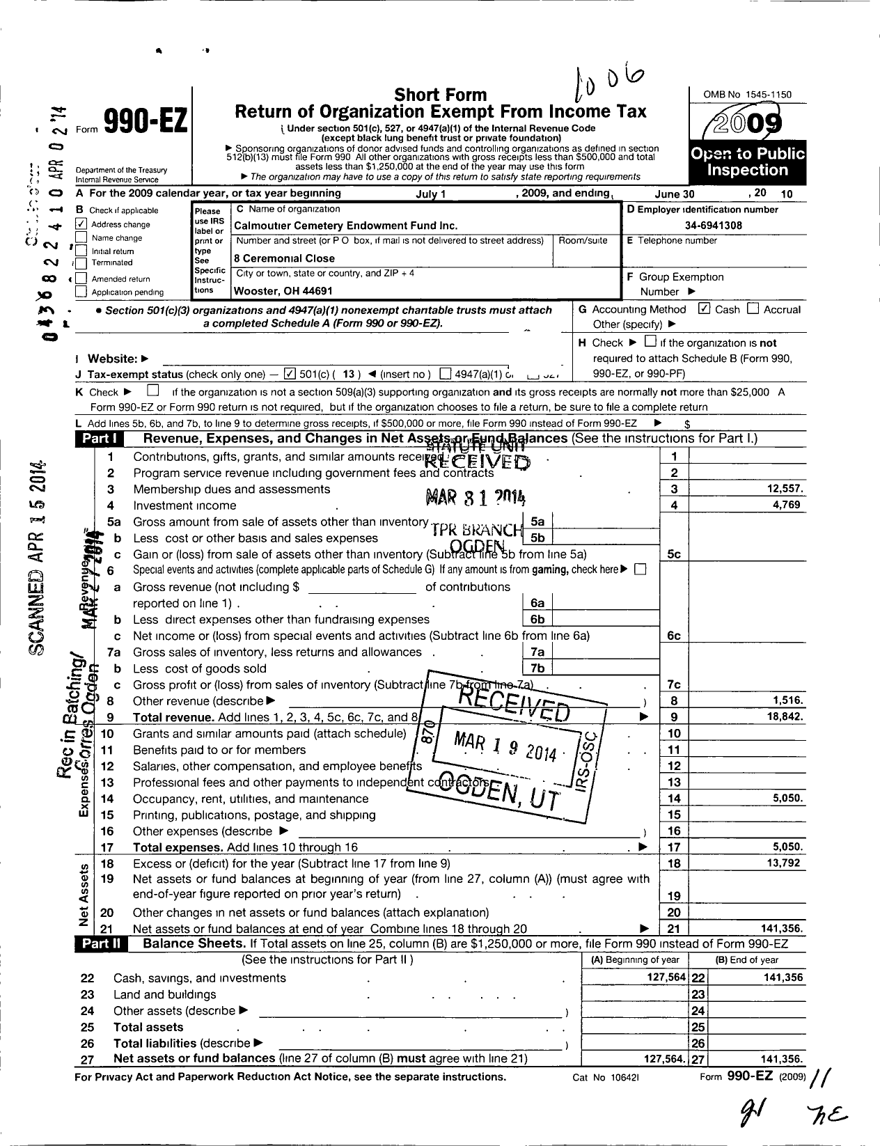 Image of first page of 2009 Form 990EO for Calmoutier Cemetery Endowment Fund