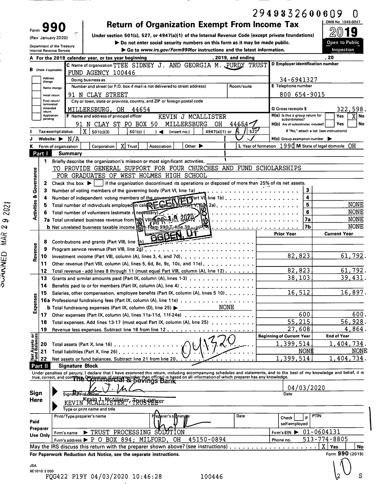 Image of first page of 2019 Form 990 for Trustees Sidney J and Georgia M Purdy Trust