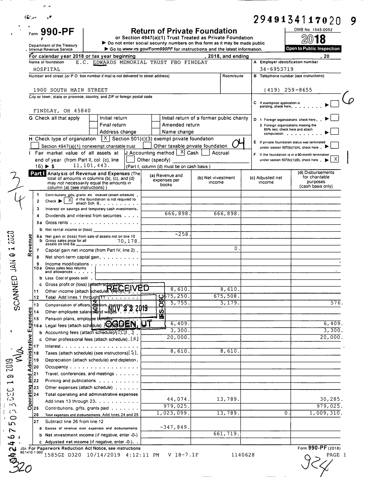 Image of first page of 2018 Form 990PF for Ec Edwards Memorial Trust Fbo Findlay Hospital