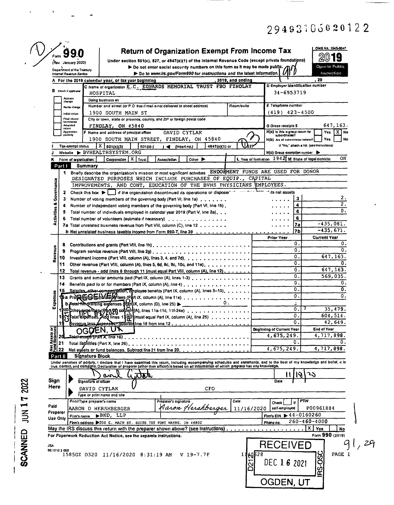 Image of first page of 2019 Form 990 for Ec Edwards Memorial Trust Fbo Findlay Hospital