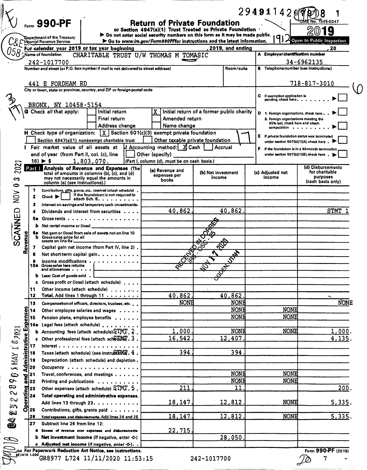Image of first page of 2019 Form 990PF for Charitable Trust Uw Thomas M Tomasic