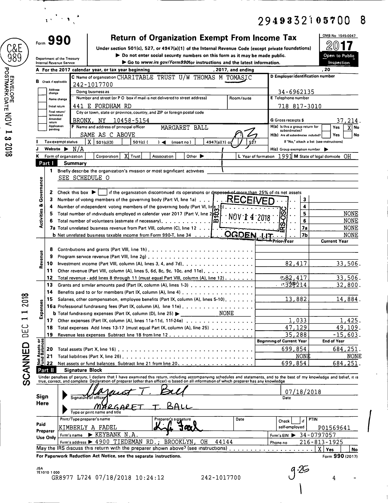 Image of first page of 2017 Form 990 for Charitable Trust Uw Thomas M Tomasic