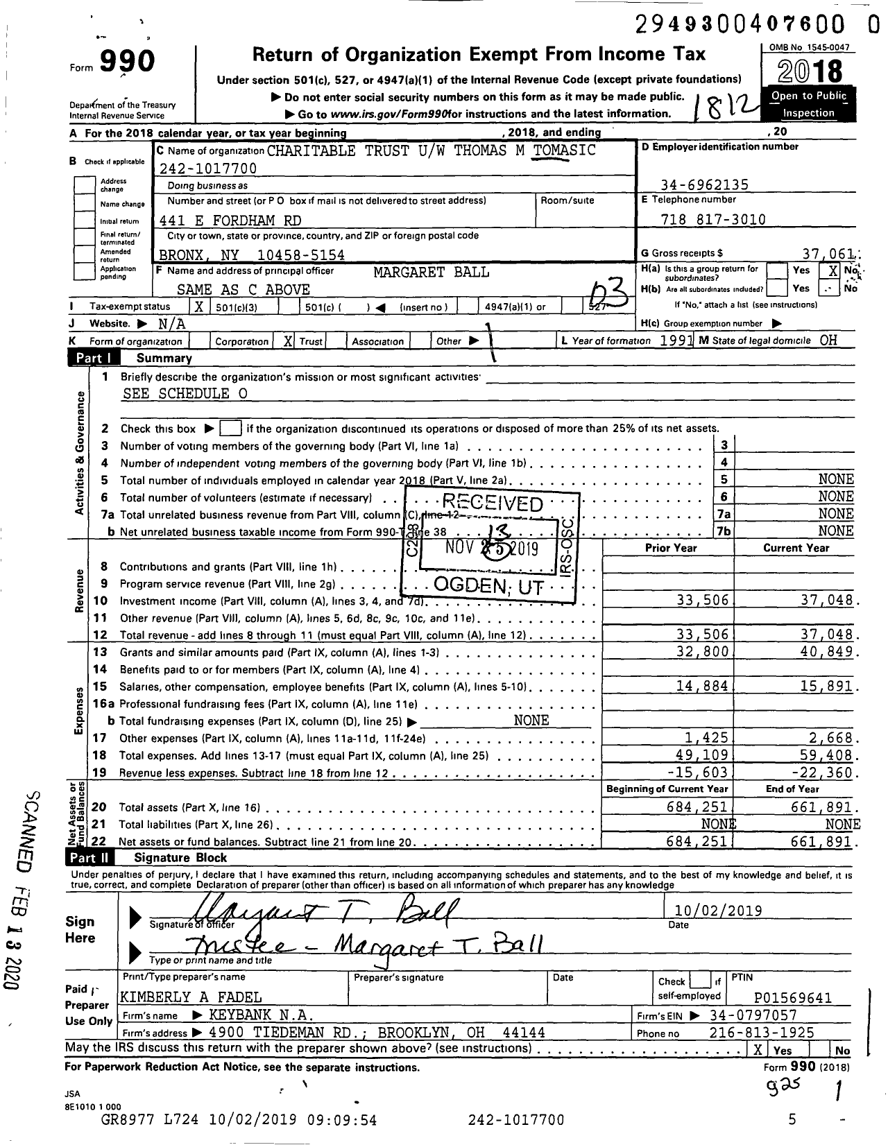 Image of first page of 2018 Form 990 for Charitable Trust Uw Thomas M Tomasic