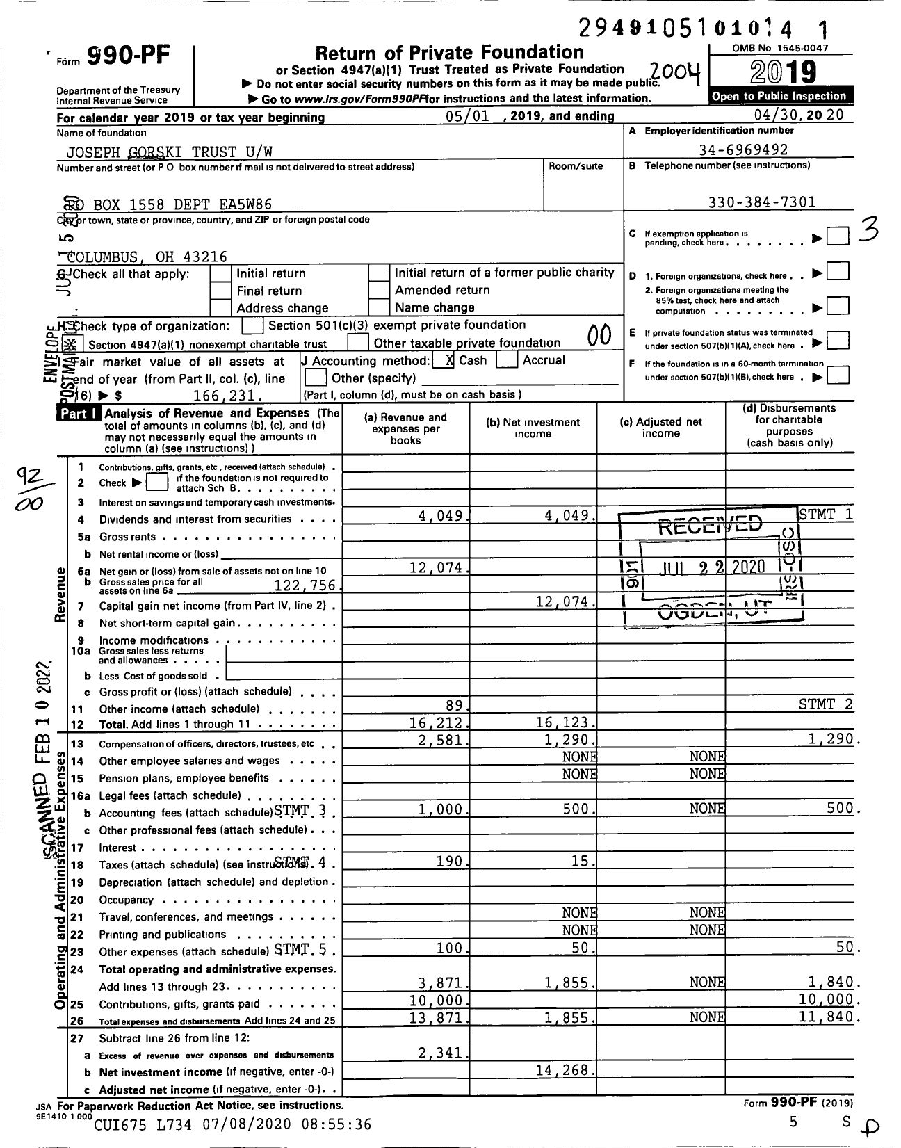 Image of first page of 2019 Form 990PF for Joseph Gorski Trust Uw