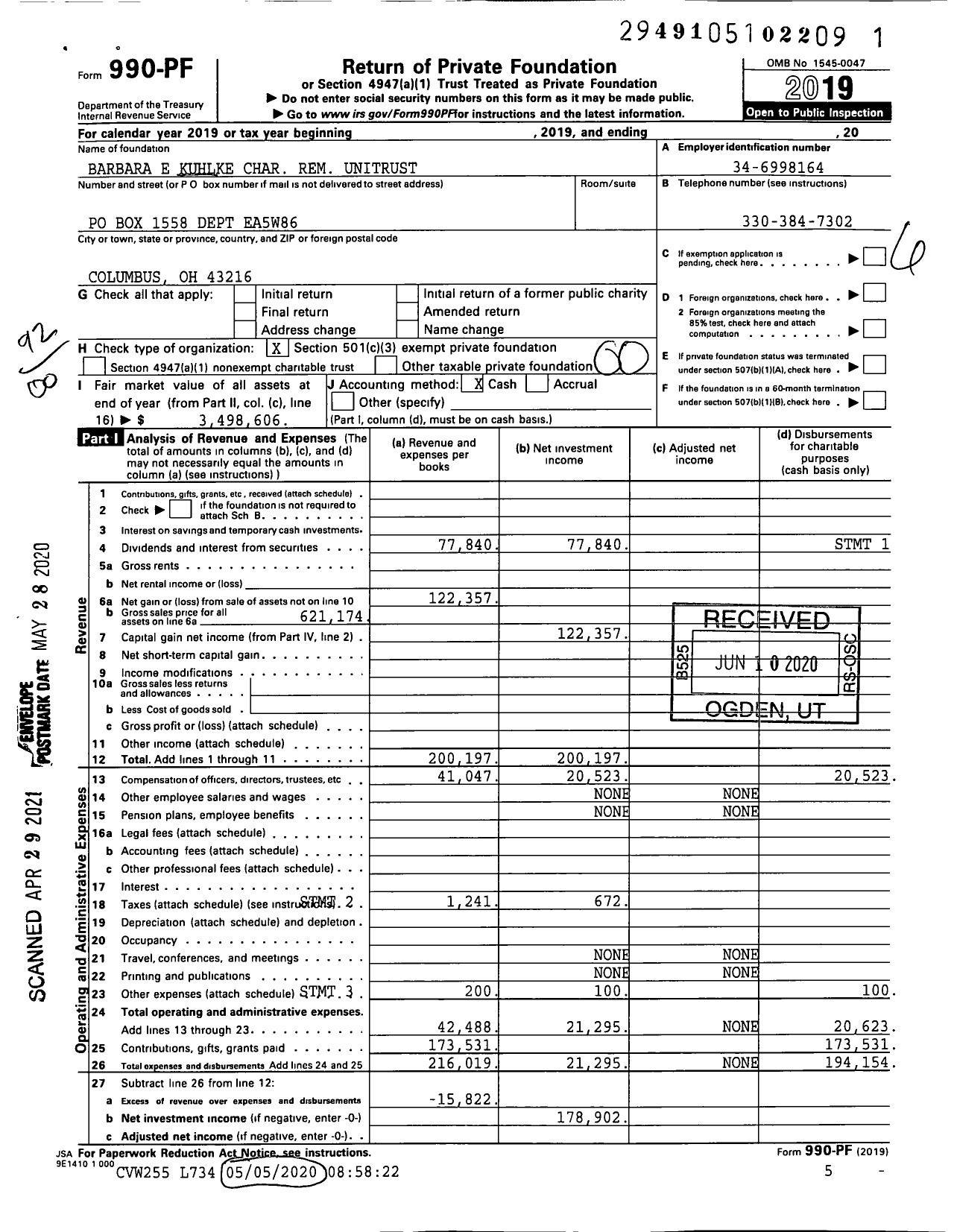 Image of first page of 2019 Form 990PF for Barbara E Kuhlke Char Rem Unitrust