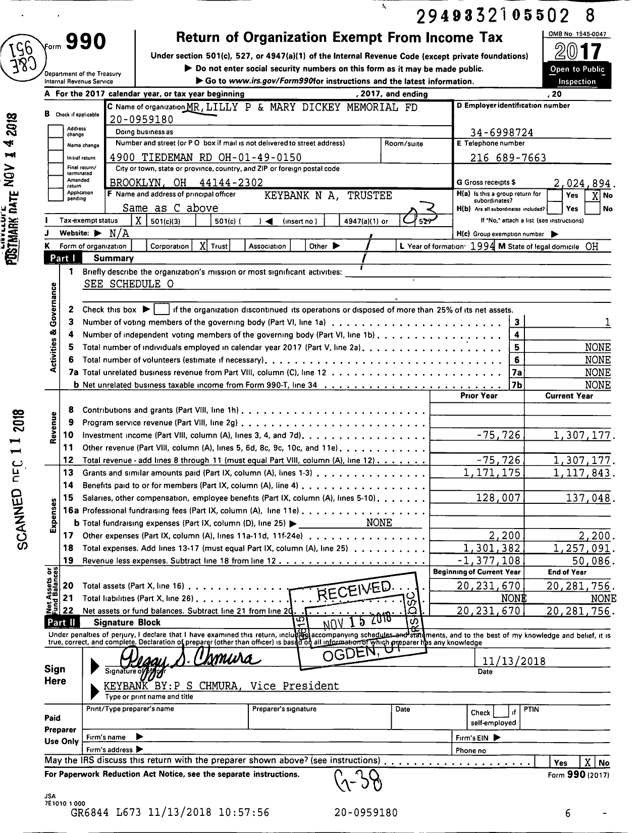 Image of first page of 2017 Form 990 for Mrlilly P and Mary Dickey Memorial Fund
