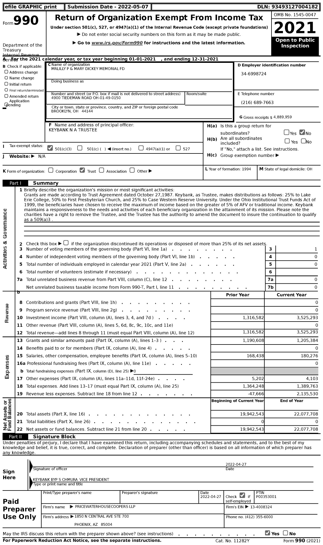 Image of first page of 2021 Form 990 for Mrlilly P and Mary Dickey Memorial Fund