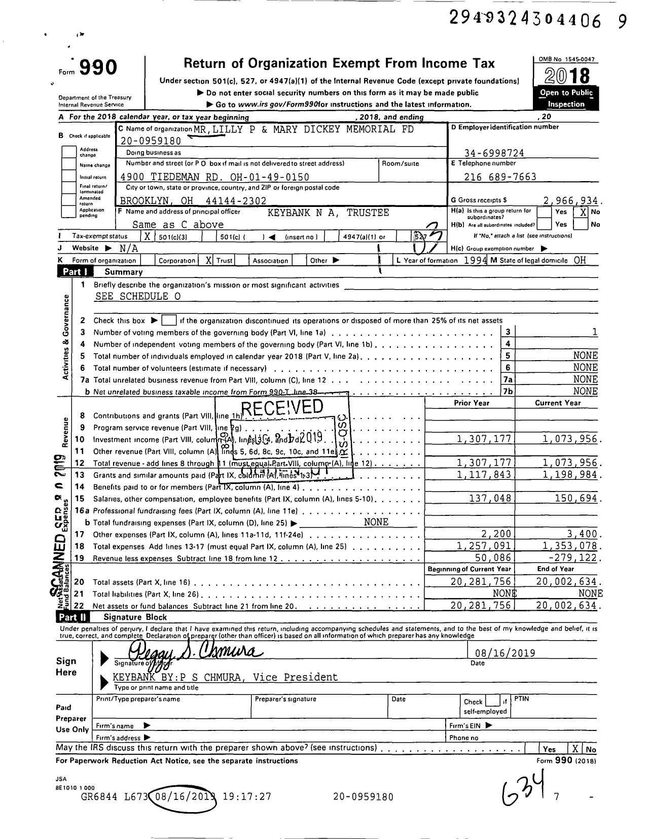 Image of first page of 2018 Form 990 for Mrlilly P and Mary Dickey Memorial Fund