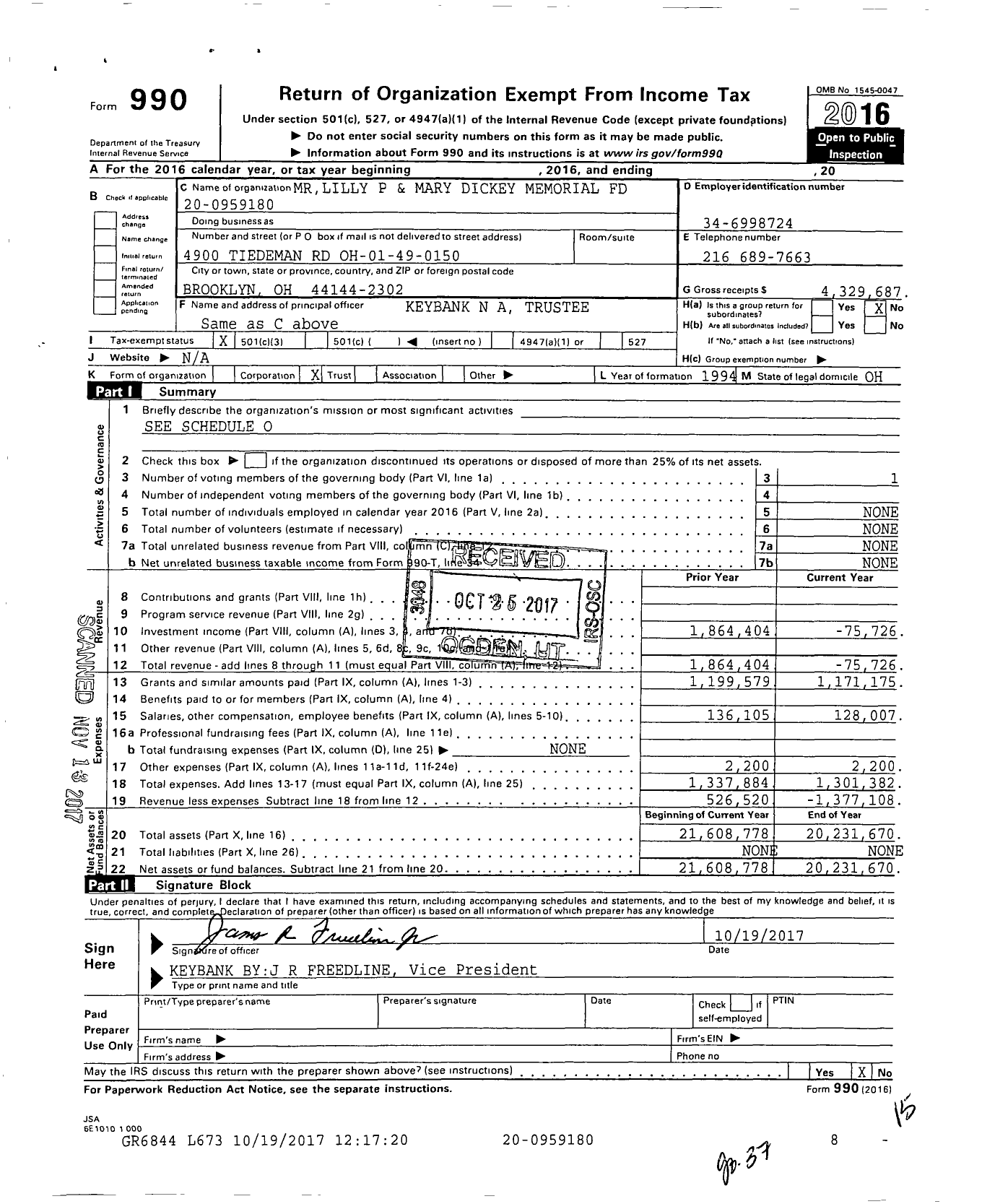 Image of first page of 2016 Form 990 for Mrlilly P and Mary Dickey Memorial Fund
