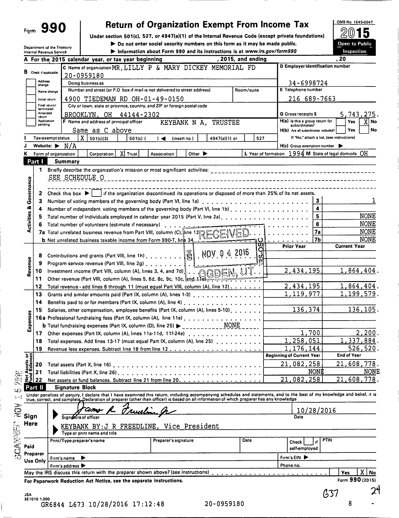 Image of first page of 2015 Form 990 for Mrlilly P and Mary Dickey Memorial Fund