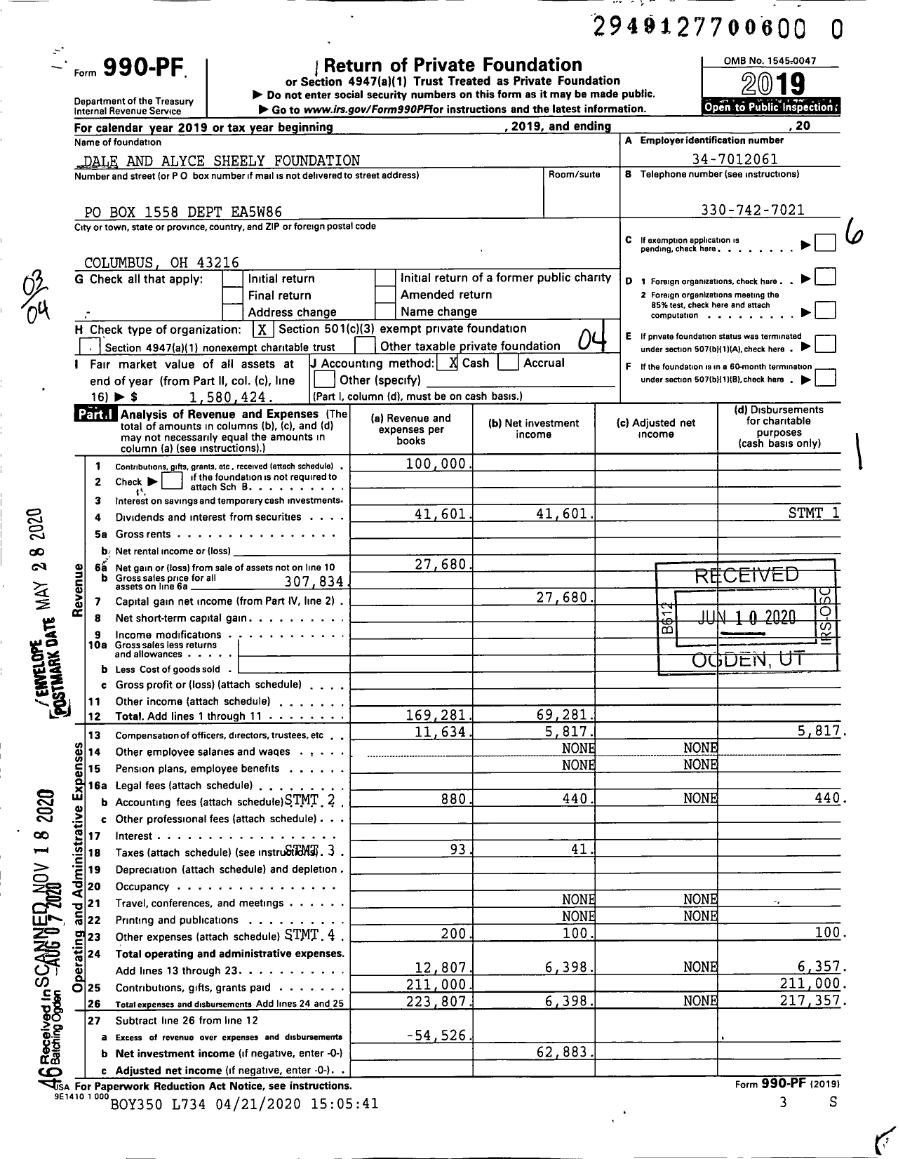 Image of first page of 2019 Form 990PF for Dale and Alyce Sheely Foundation