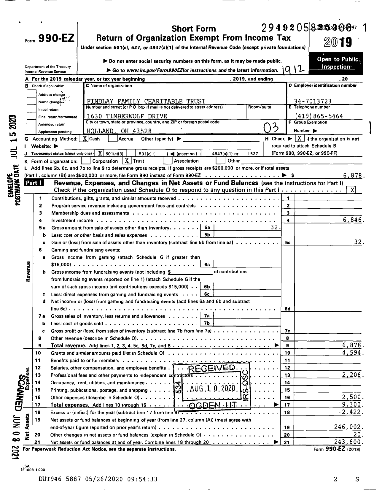 Image of first page of 2019 Form 990EZ for Findlay Family Charitable Trust