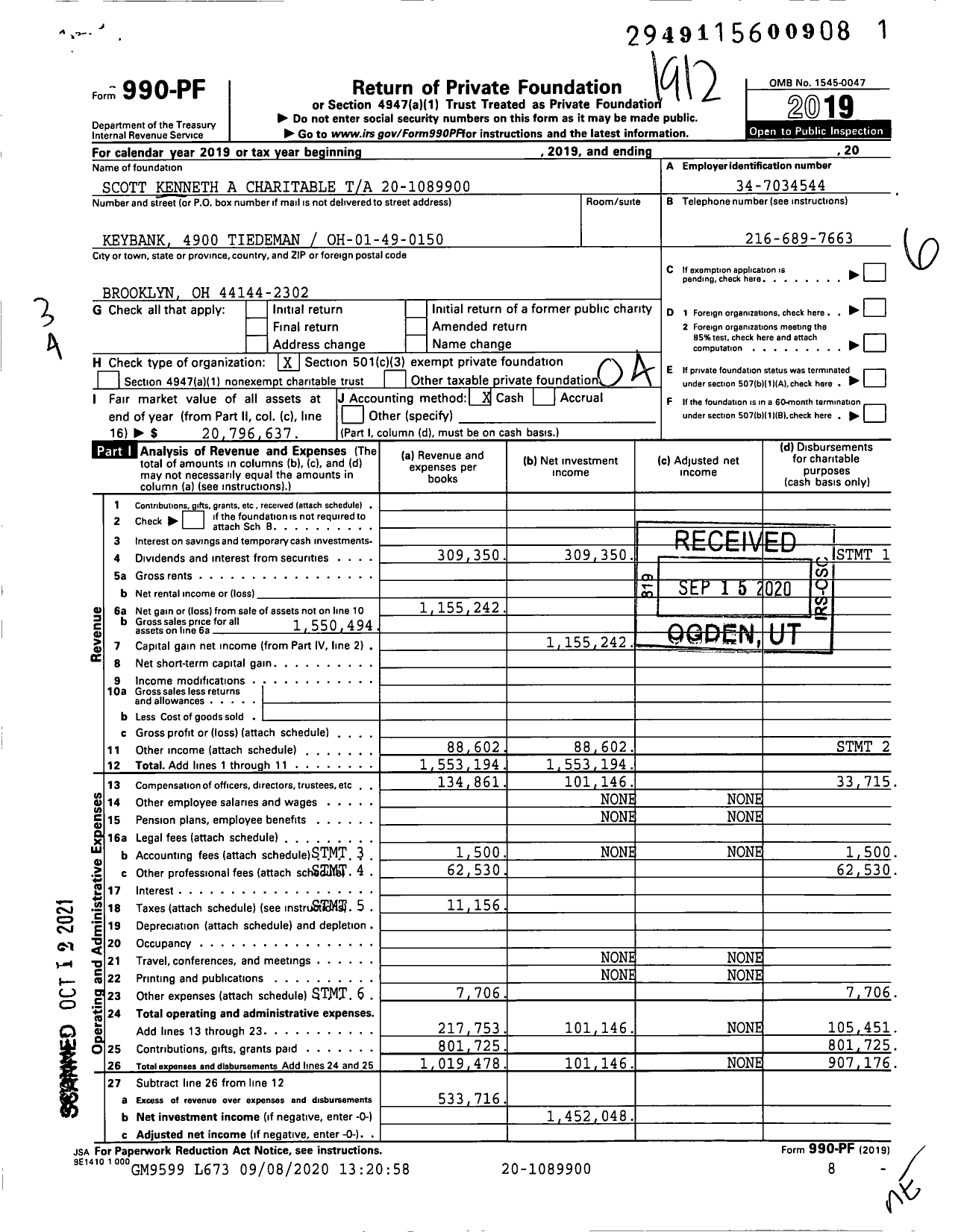 Image of first page of 2019 Form 990PF for Scott Kenneth A Charitable Ta