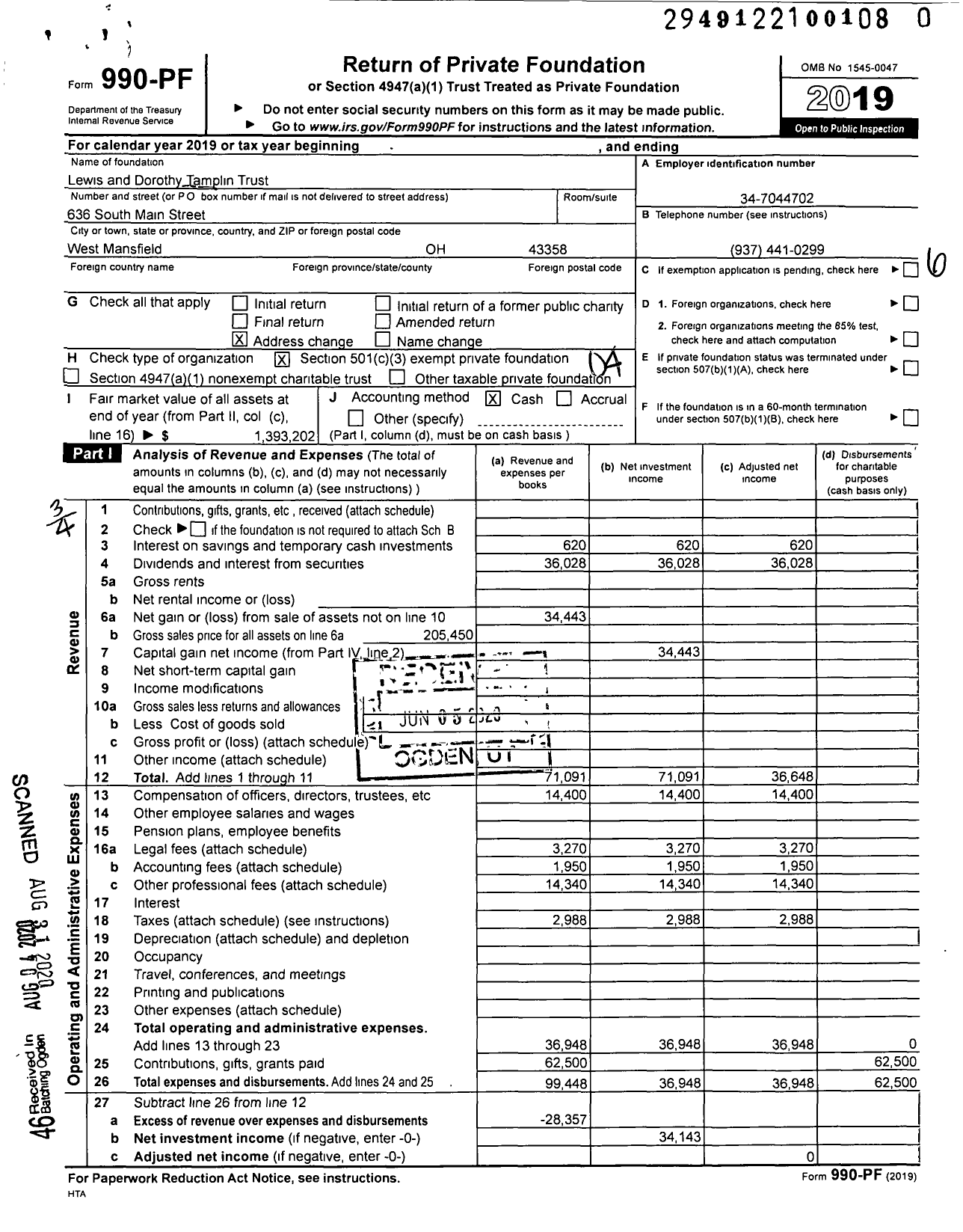 Image of first page of 2019 Form 990PR for Lewis and Dorothy Tamplin Trust