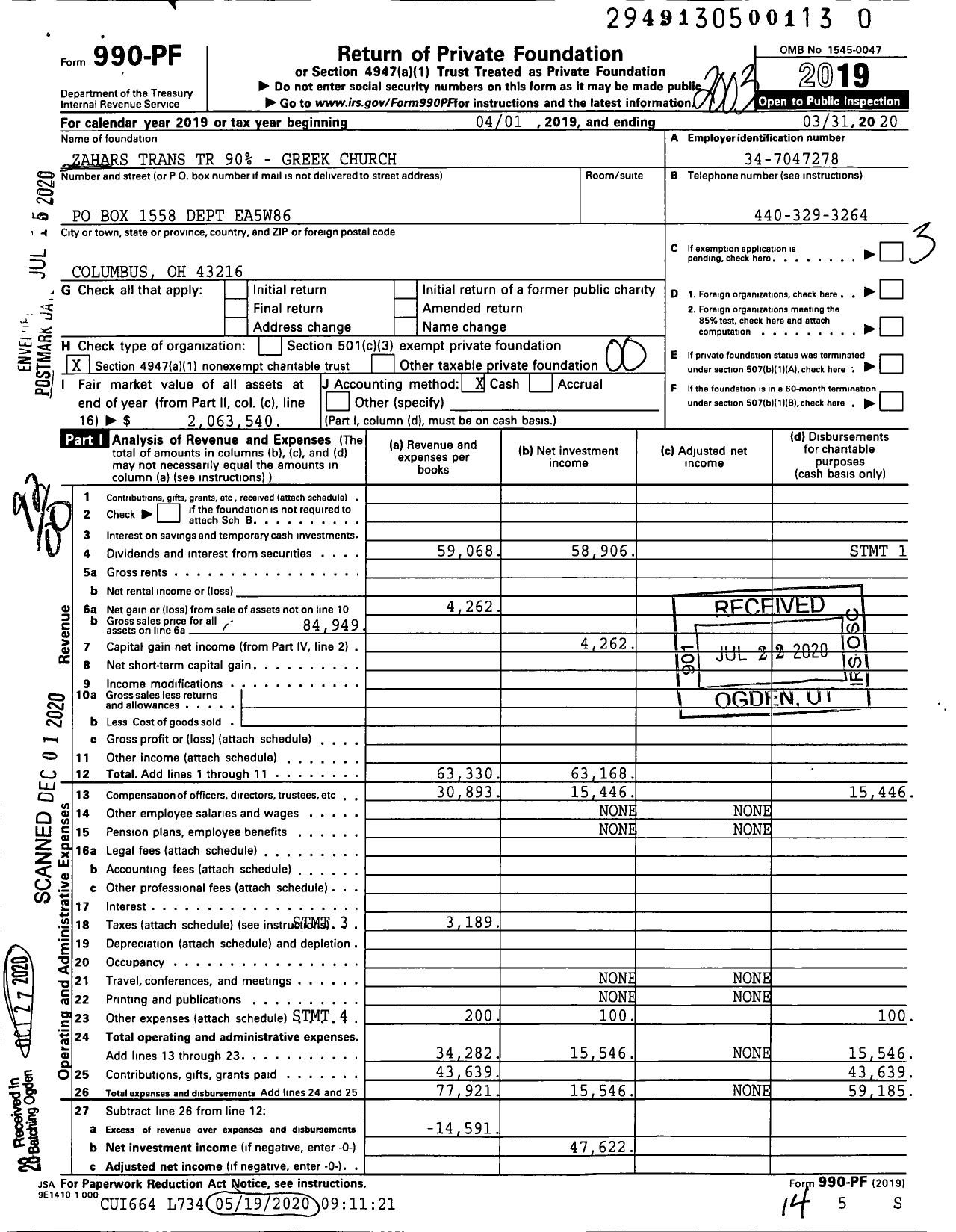 Image of first page of 2019 Form 990PF for Zahars Trans TR 90 - Greek Church