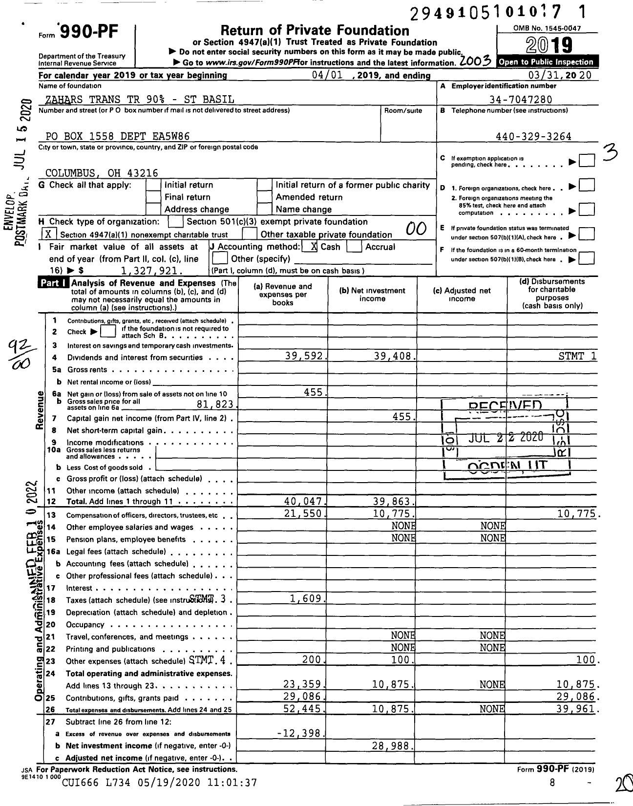 Image of first page of 2019 Form 990PF for Zahars Trans TR 90 - St Basil