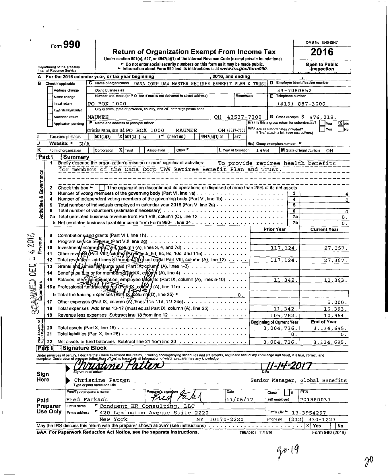 Image of first page of 2016 Form 990O for Dana Corp Uaw Master Retiree Benefit Plan and Trust