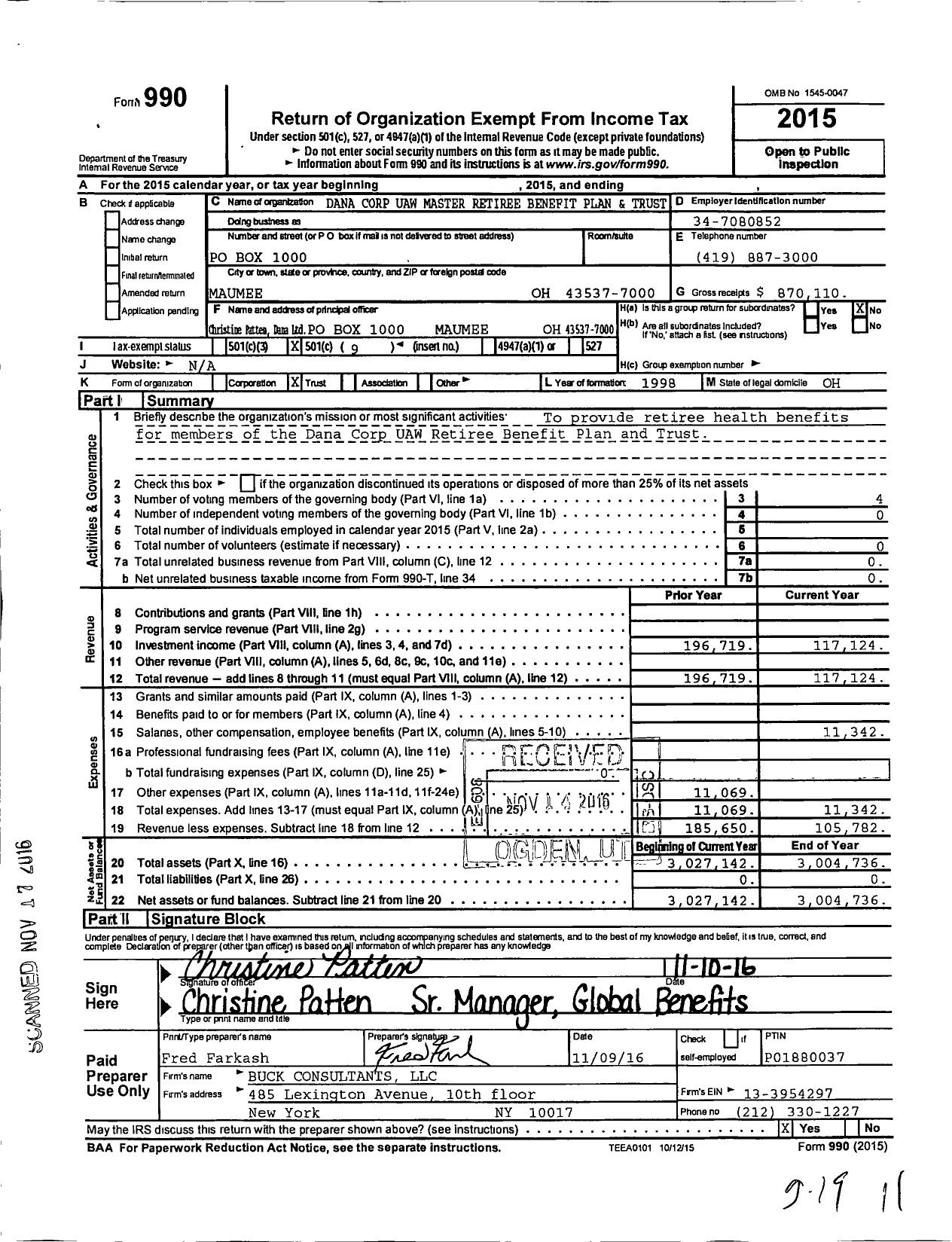 Image of first page of 2015 Form 990O for Dana Corp Uaw Master Retiree Benefit Plan and Trust