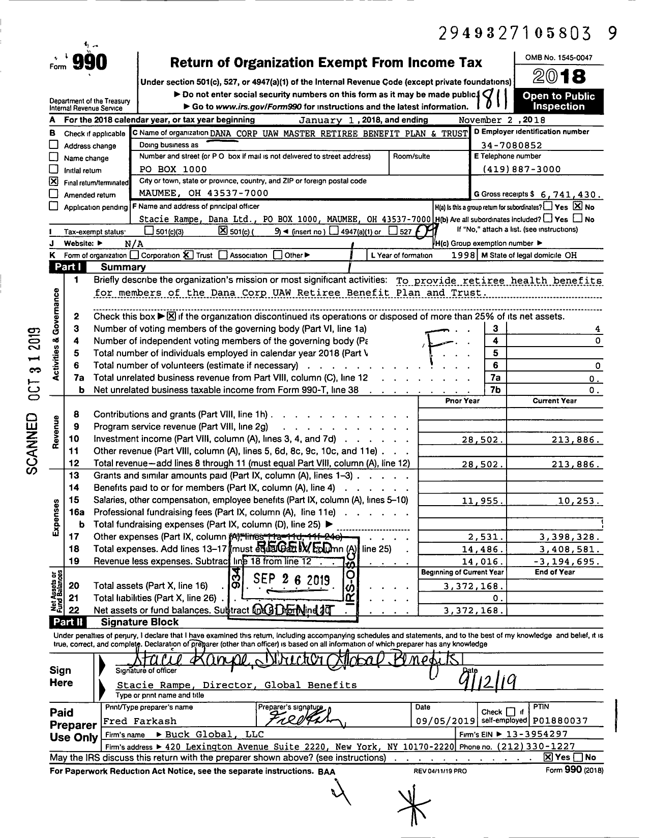 Image of first page of 2017 Form 990O for Dana Corp Uaw Master Retiree Benefit Plan and Trust