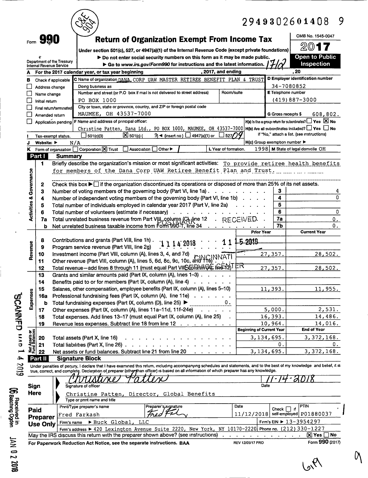 Image of first page of 2017 Form 990O for Dana Corp Uaw Master Retiree Benefit Plan and Trust