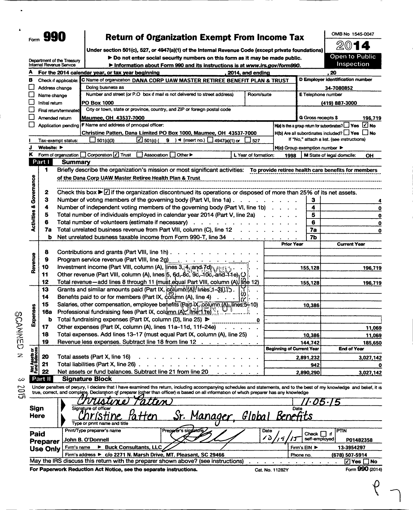 Image of first page of 2014 Form 990O for Dana Corp Uaw Master Retiree Benefit Plan and Trust