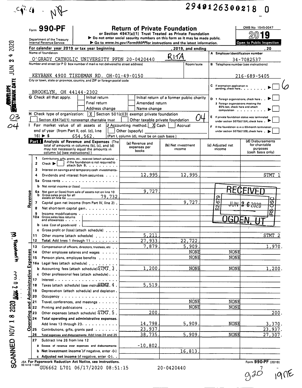 Image of first page of 2019 Form 990PF for Ogrady Catholic University PFDN