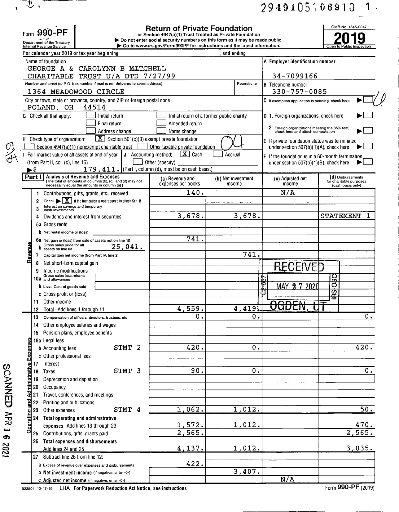 Image of first page of 2019 Form 990PF for George A and Carolynn B Mitchell Charitable Trust U / A DTD 7 / 27 / 99