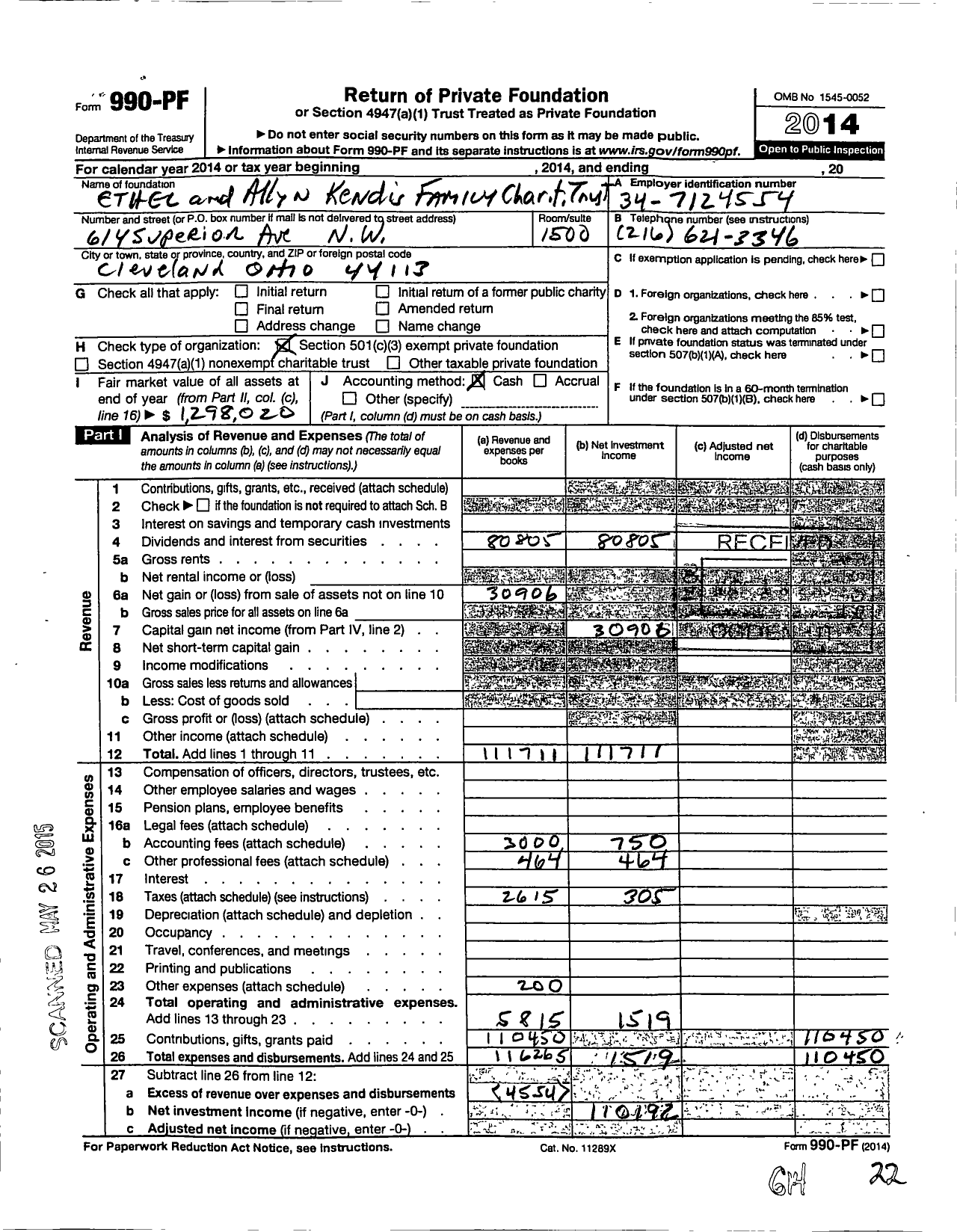 Image of first page of 2014 Form 990PF for Ethel and Allyn Kendis Family Charitable Trust