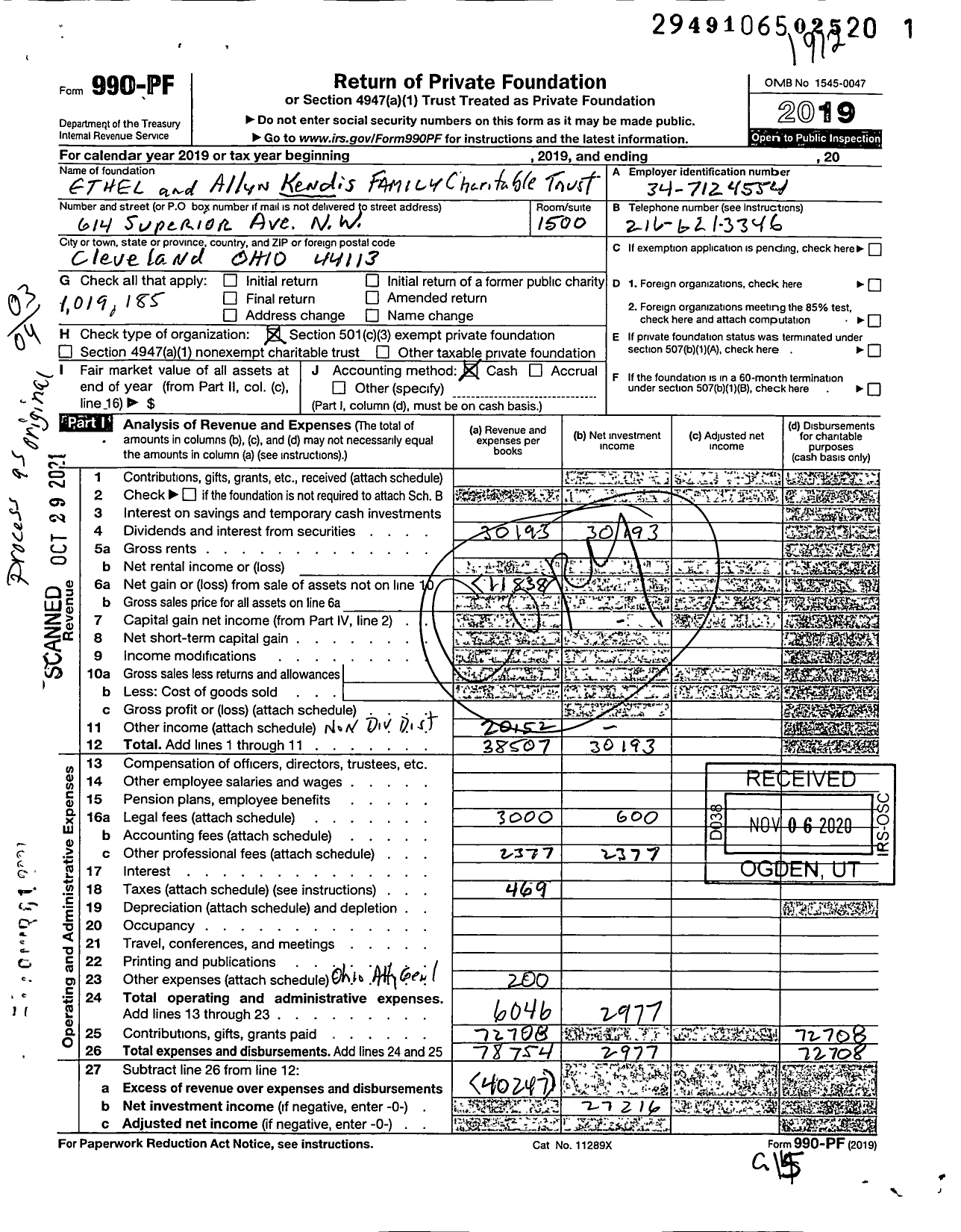 Image of first page of 2019 Form 990PF for Ethel and Allyn Kendis Family Charitable Trust