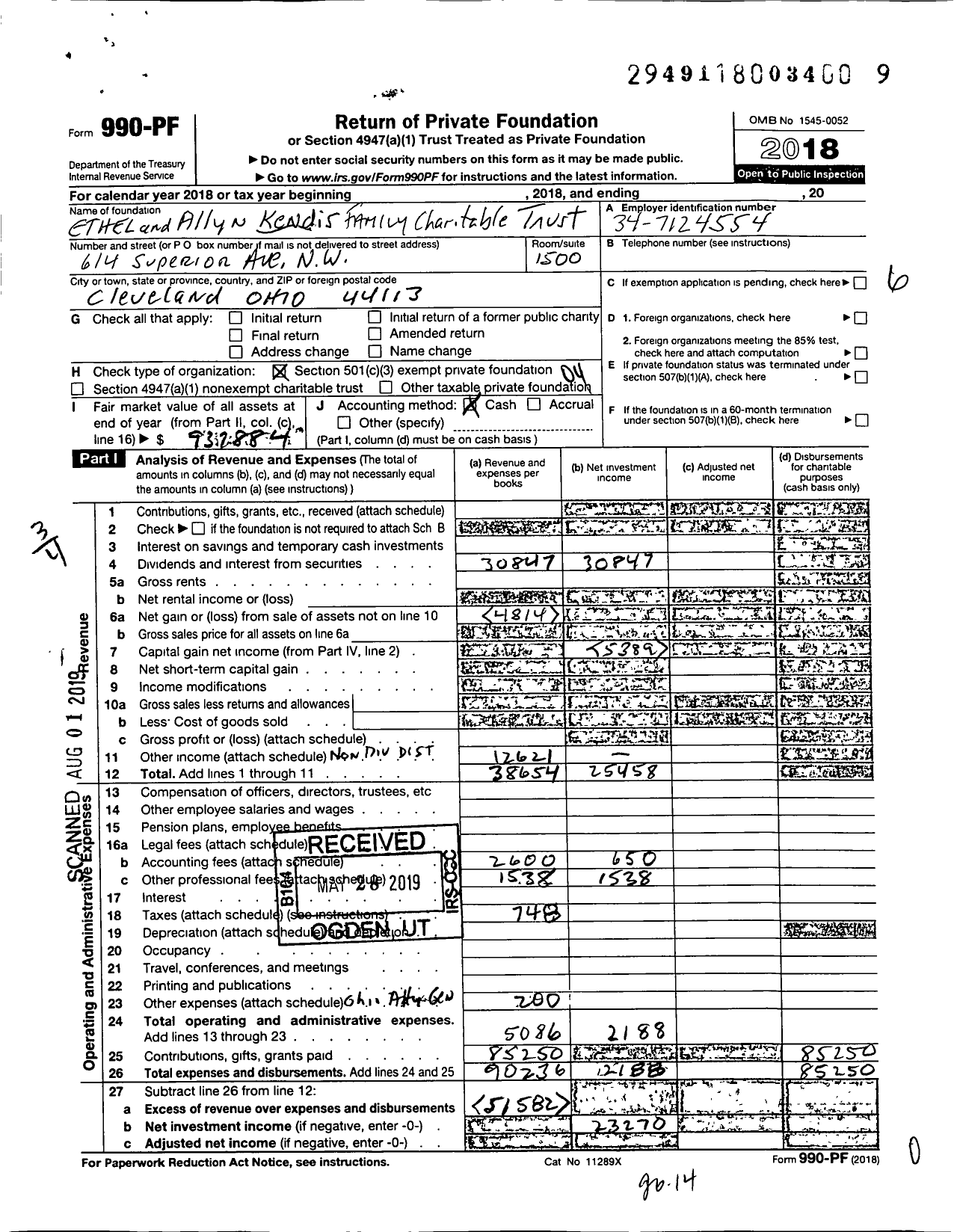 Image of first page of 2018 Form 990PF for Ethel and Allyn Kendis Family Charitable Trust