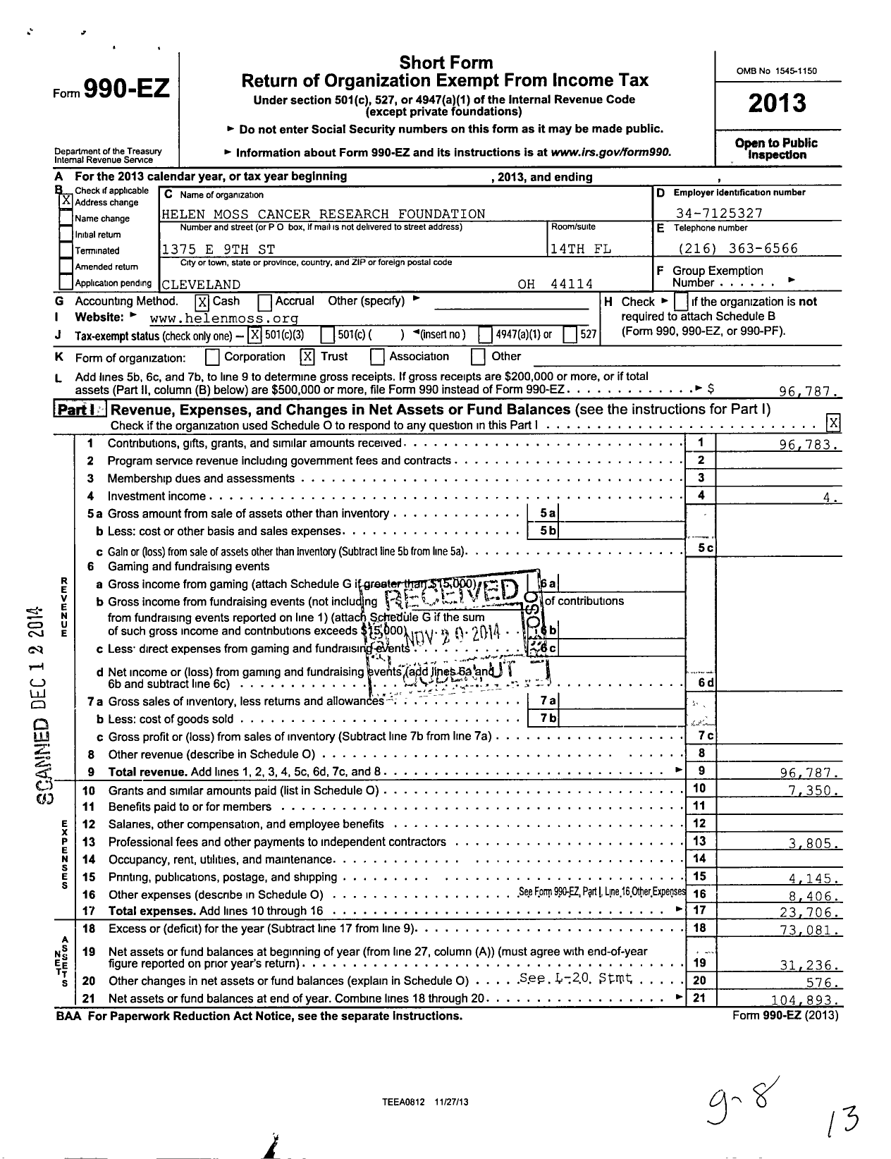 Image of first page of 2013 Form 990EZ for Helen Moss Breast Cancer Research Foundation