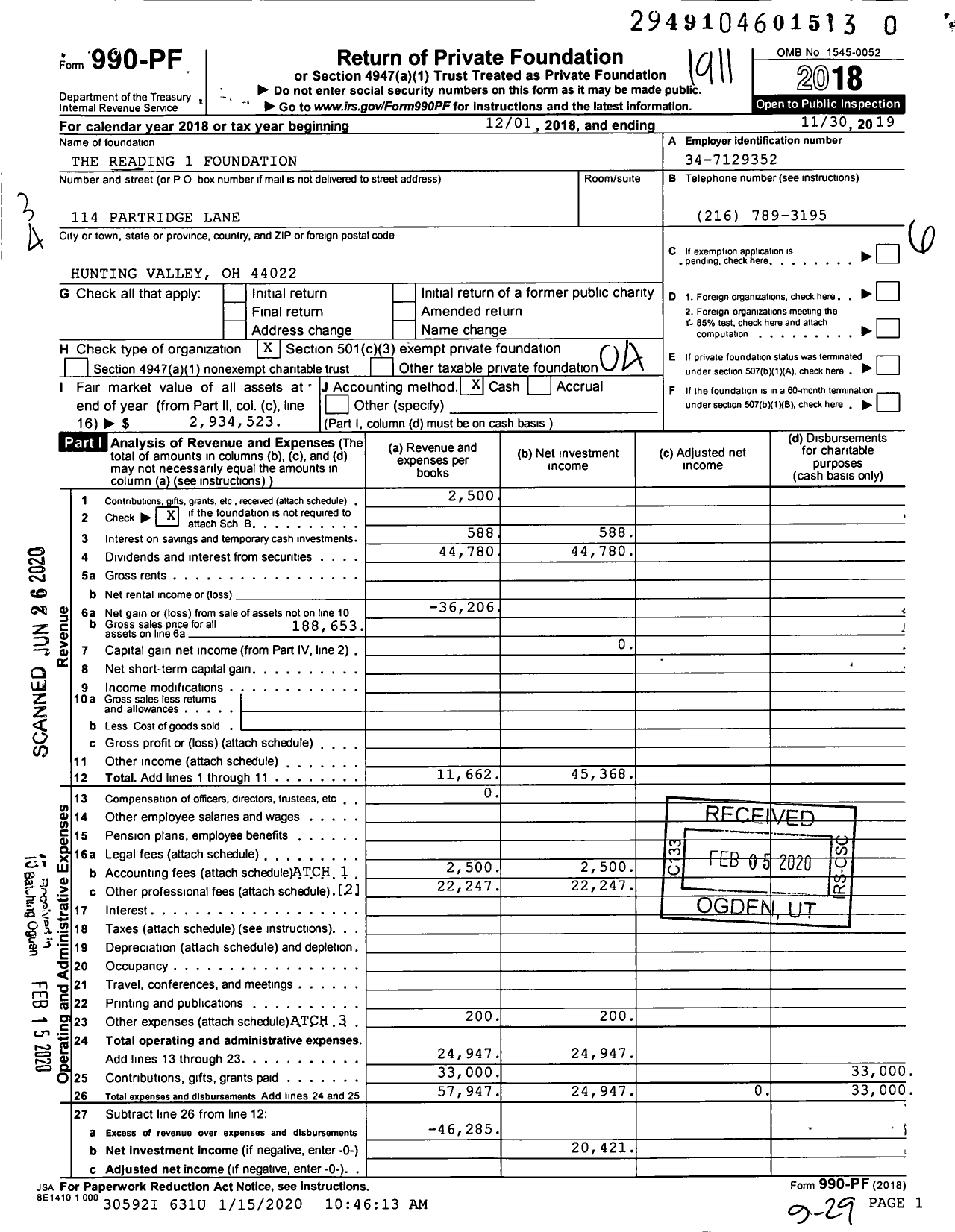 Image of first page of 2018 Form 990PR for The Reading 1 Foundation