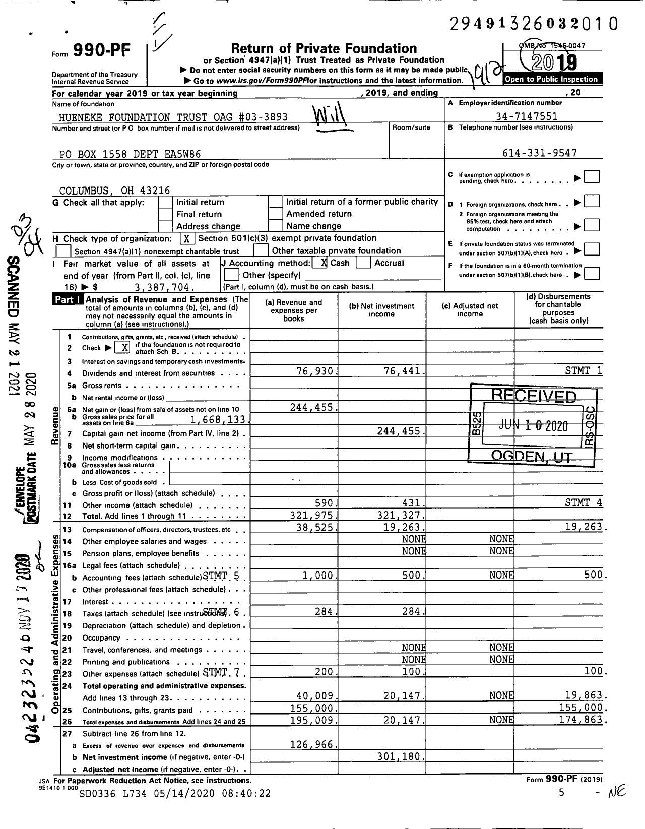 Image of first page of 2019 Form 990PF for Hueneke Foundation Trust Oag #03-3893