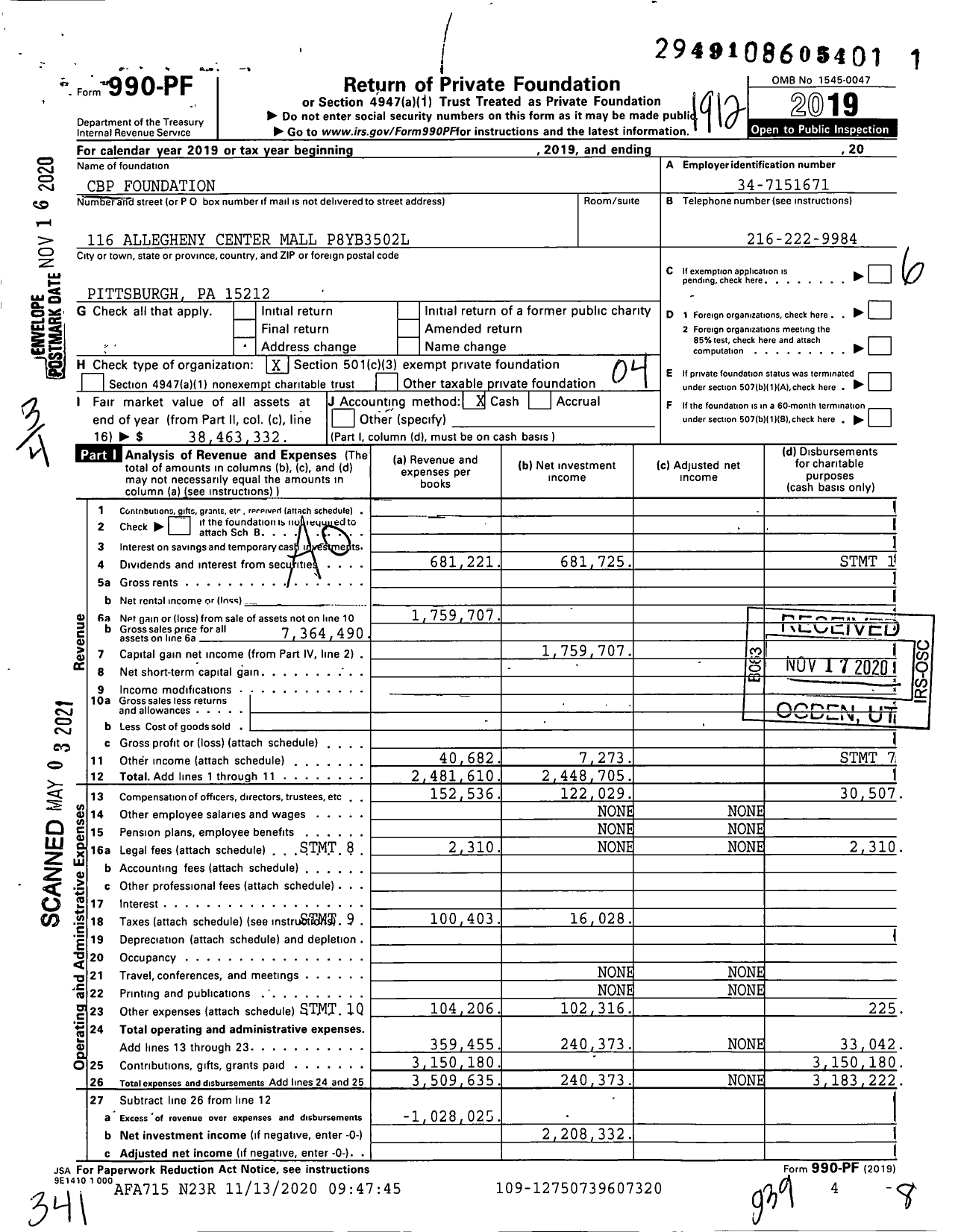 Image of first page of 2019 Form 990PF for CBP Foundation