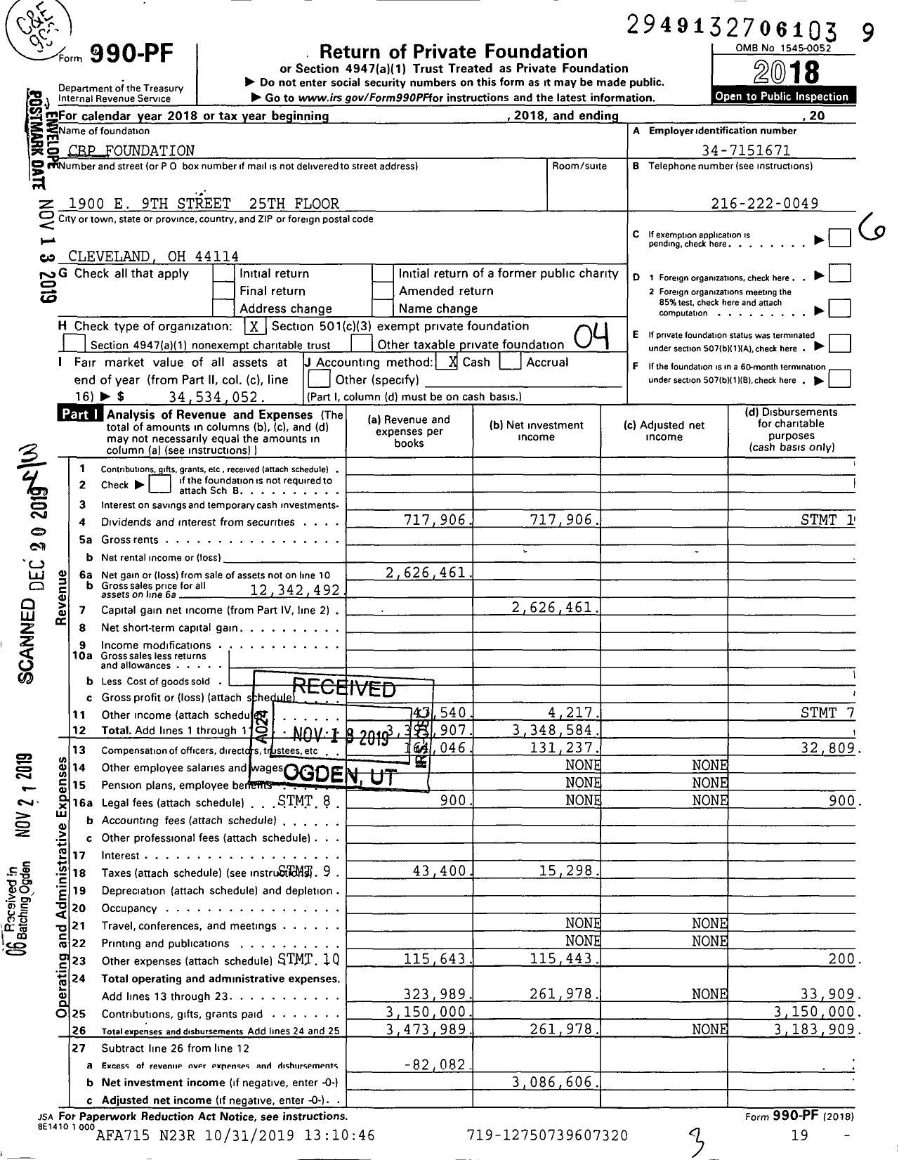 Image of first page of 2018 Form 990PF for CBP Foundation