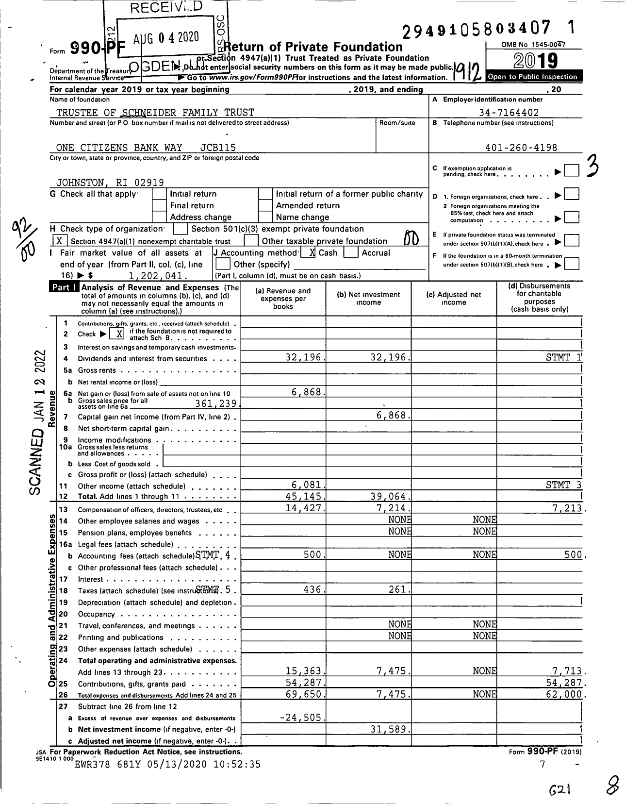 Image of first page of 2019 Form 990PF for Trustee of Schneider Family Trust