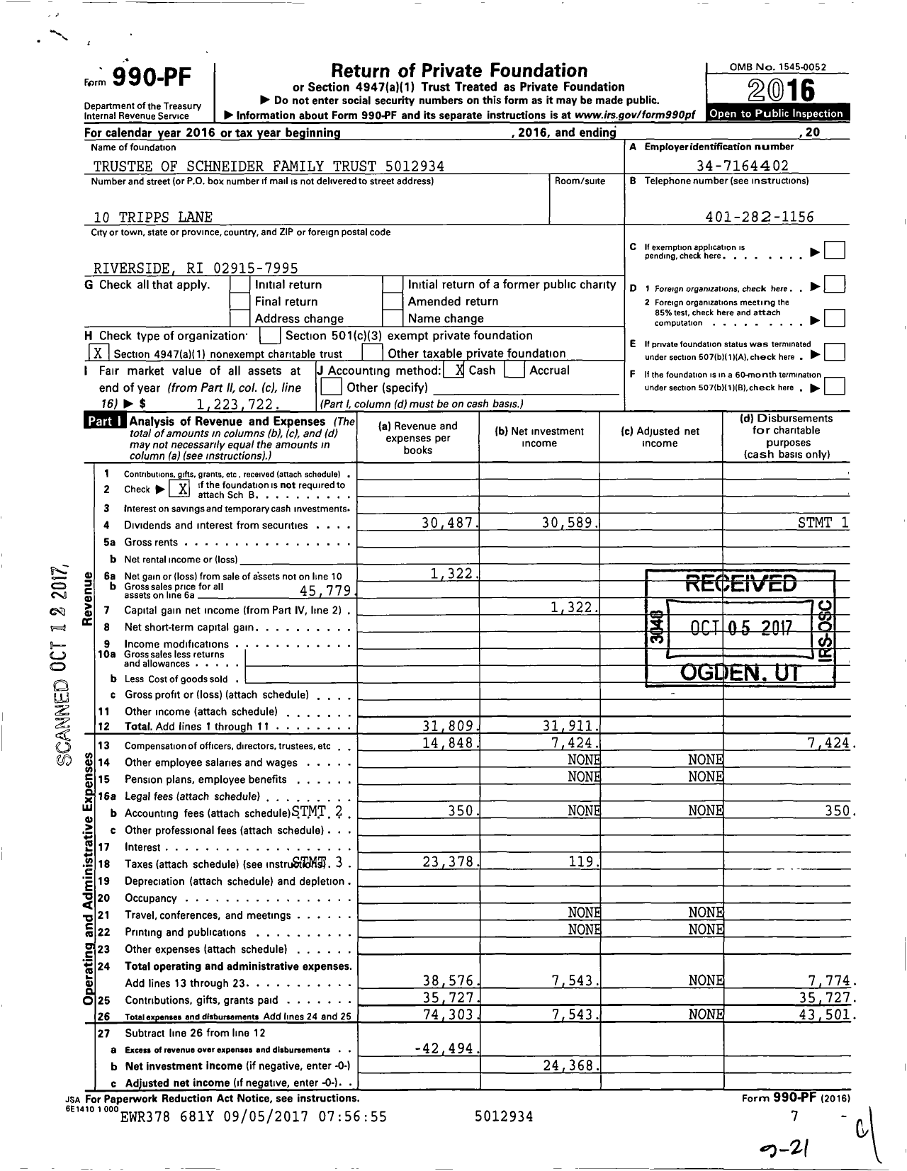 Image of first page of 2016 Form 990PF for Trustee of Schneider Family Trust