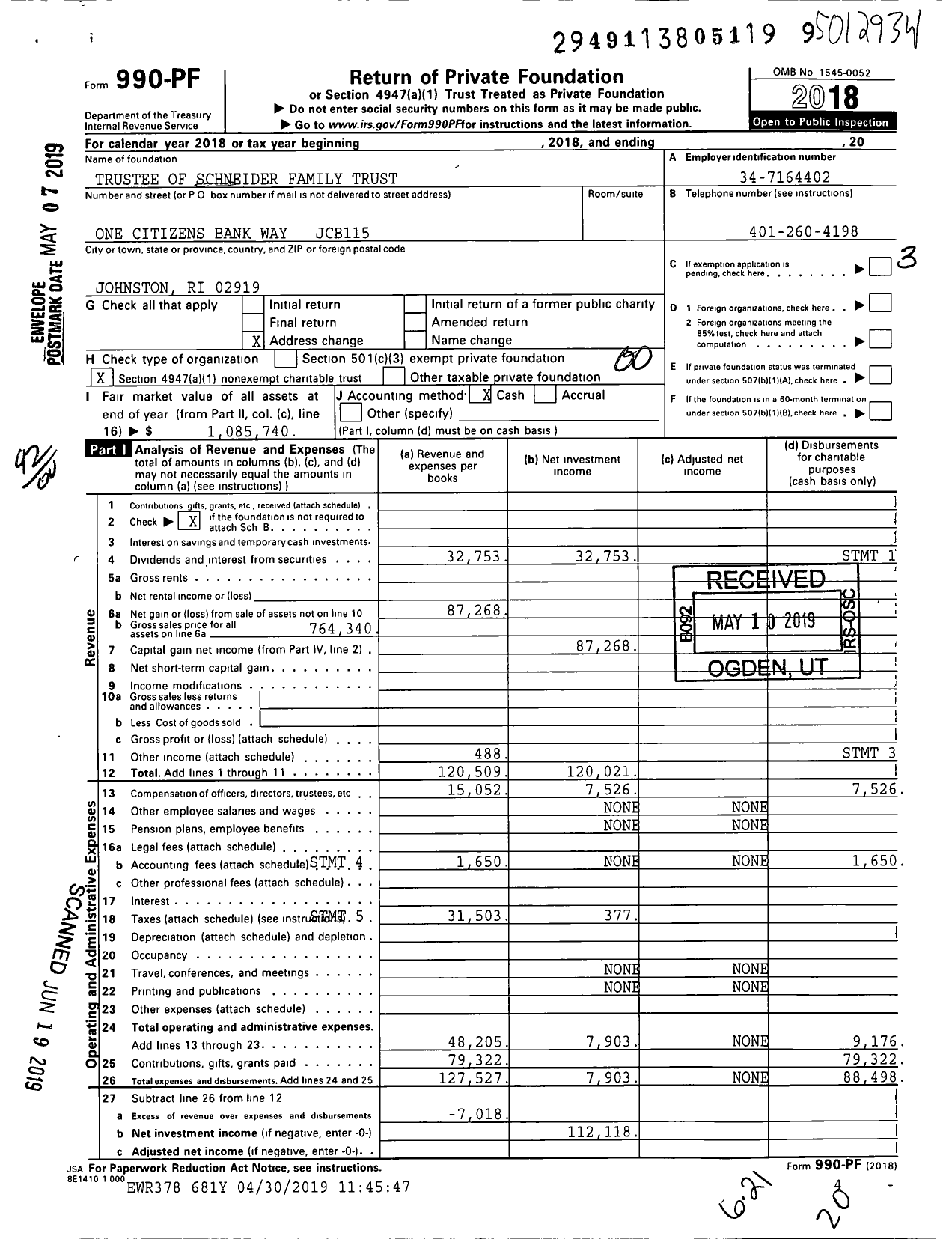 Image of first page of 2018 Form 990PF for Trustee of Schneider Family Trust