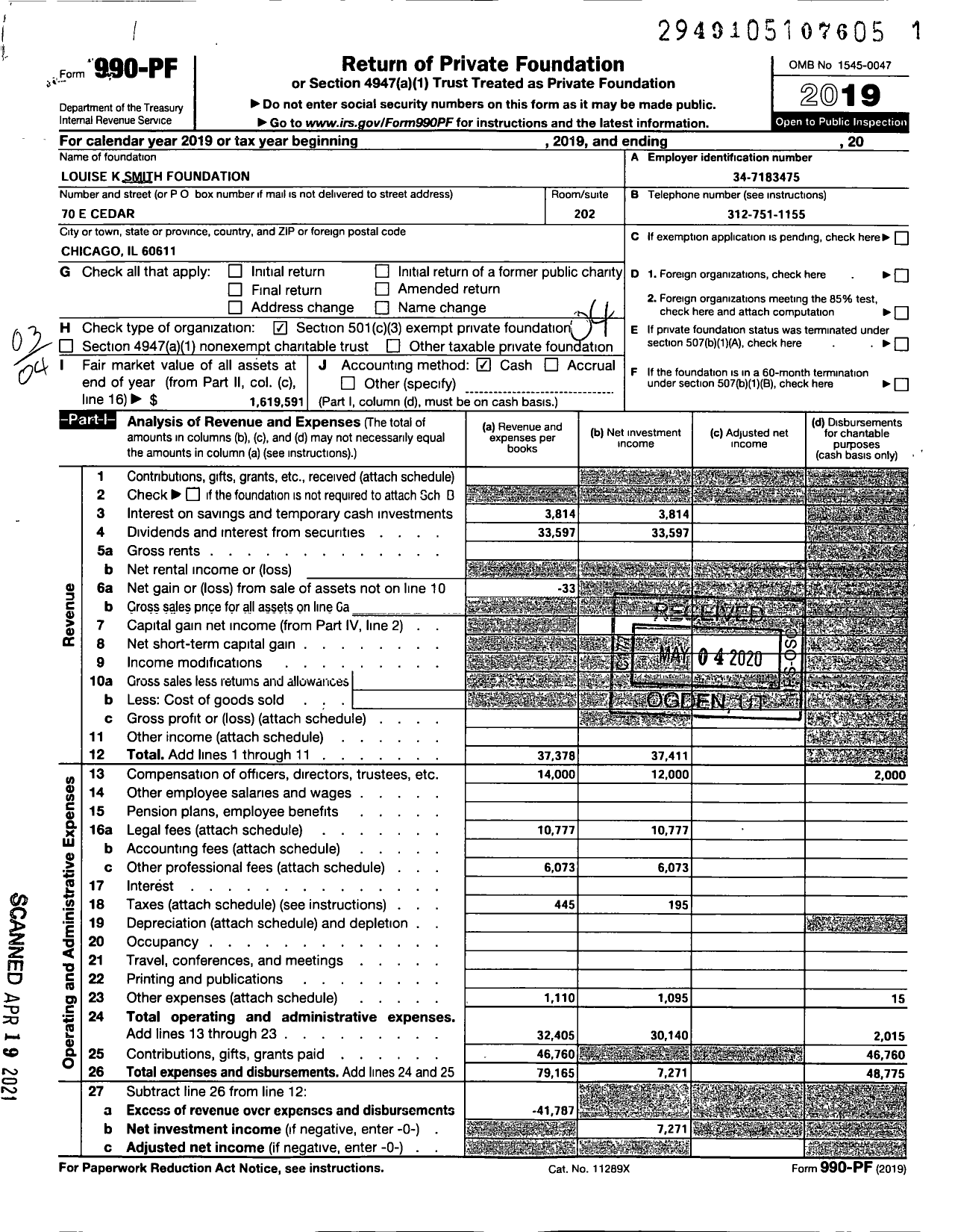 Image of first page of 2019 Form 990PF for Louise K Smith Foundation