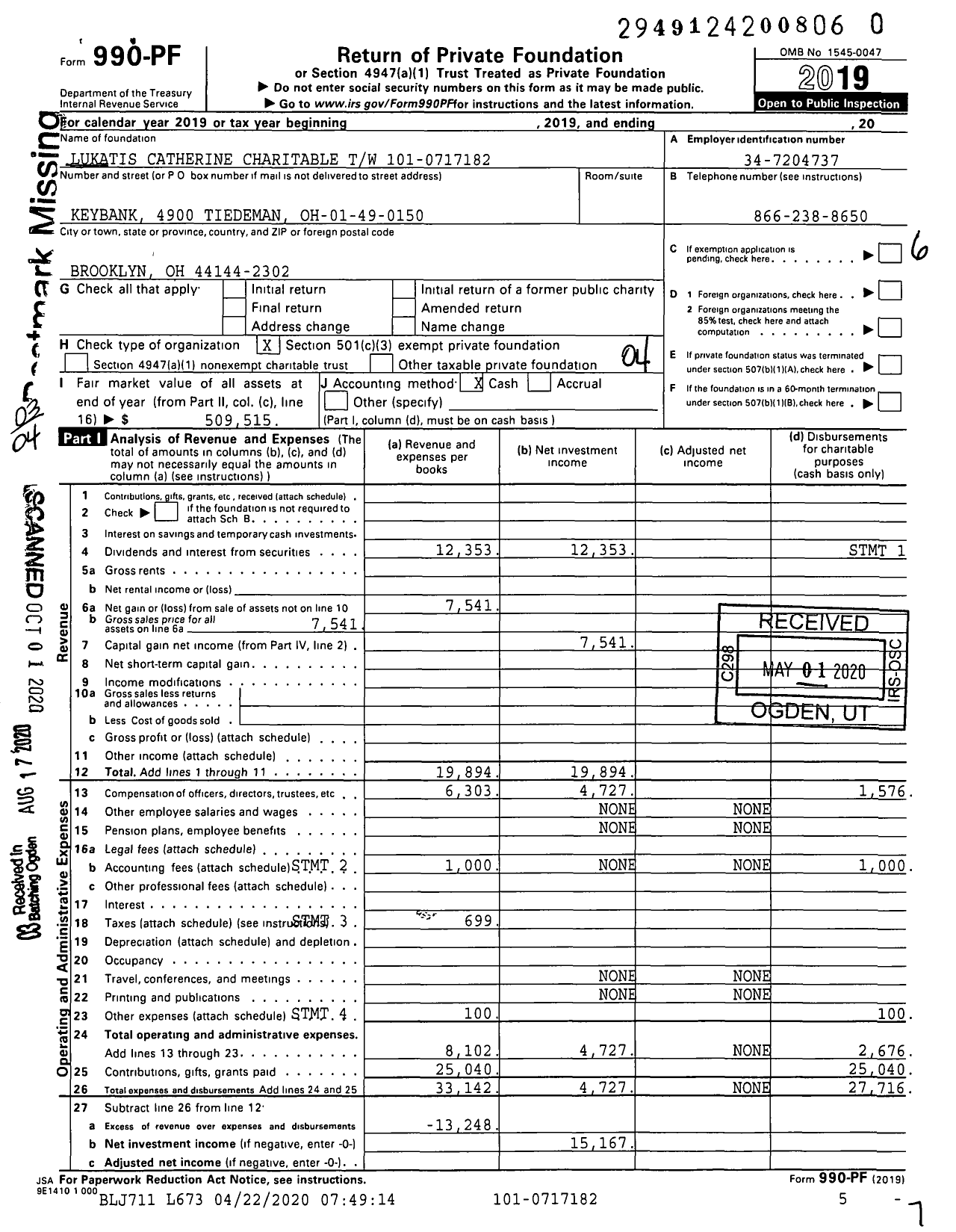 Image of first page of 2019 Form 990PR for Lukatis Catherine Charitable TW