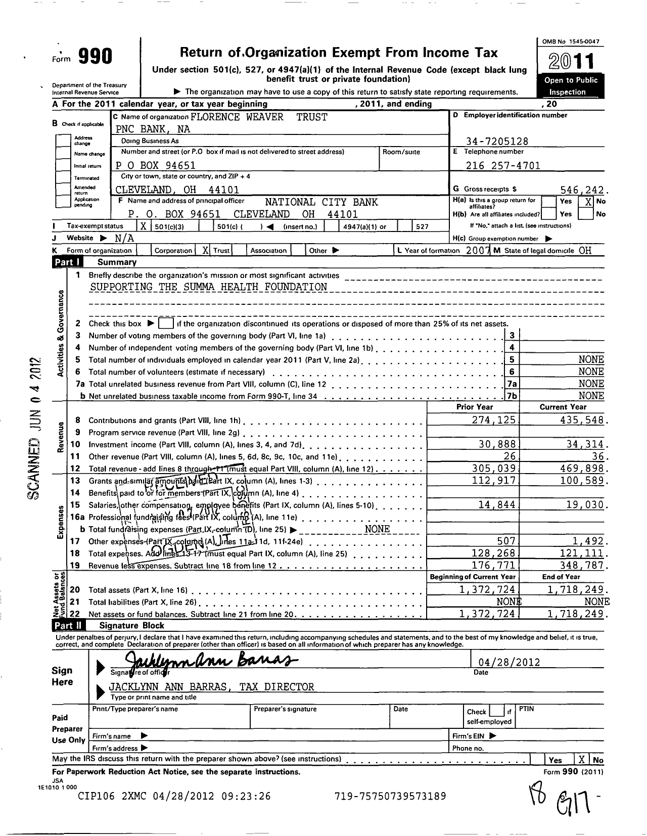 Image of first page of 2011 Form 990 for F S Weaver Fbo Summa Health Sys