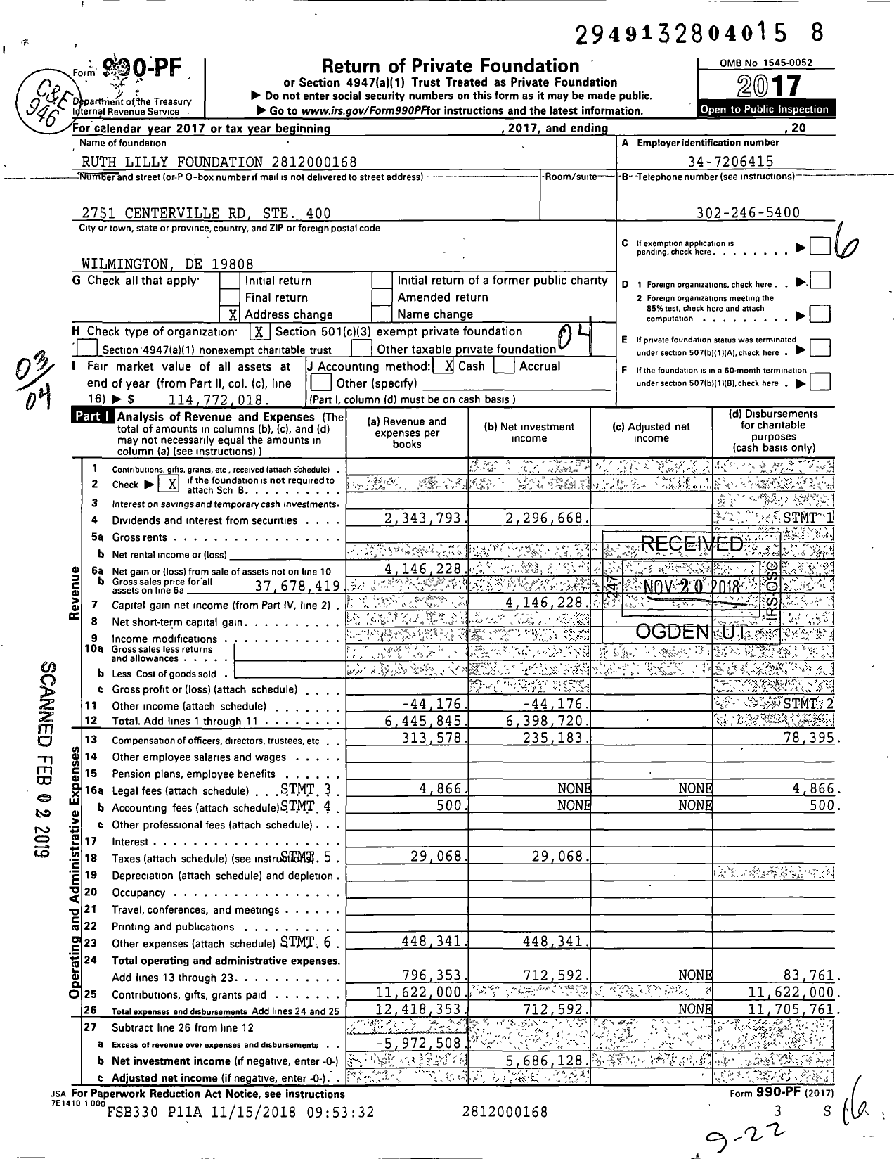 Image of first page of 2017 Form 990PF for Ruth Lilly Foundation