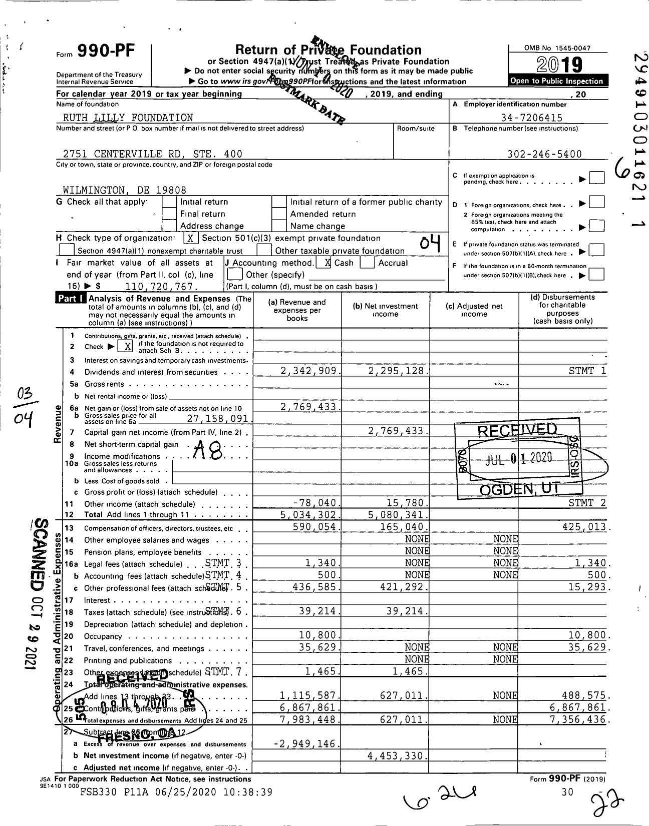 Image of first page of 2019 Form 990PF for Ruth Lilly Foundation