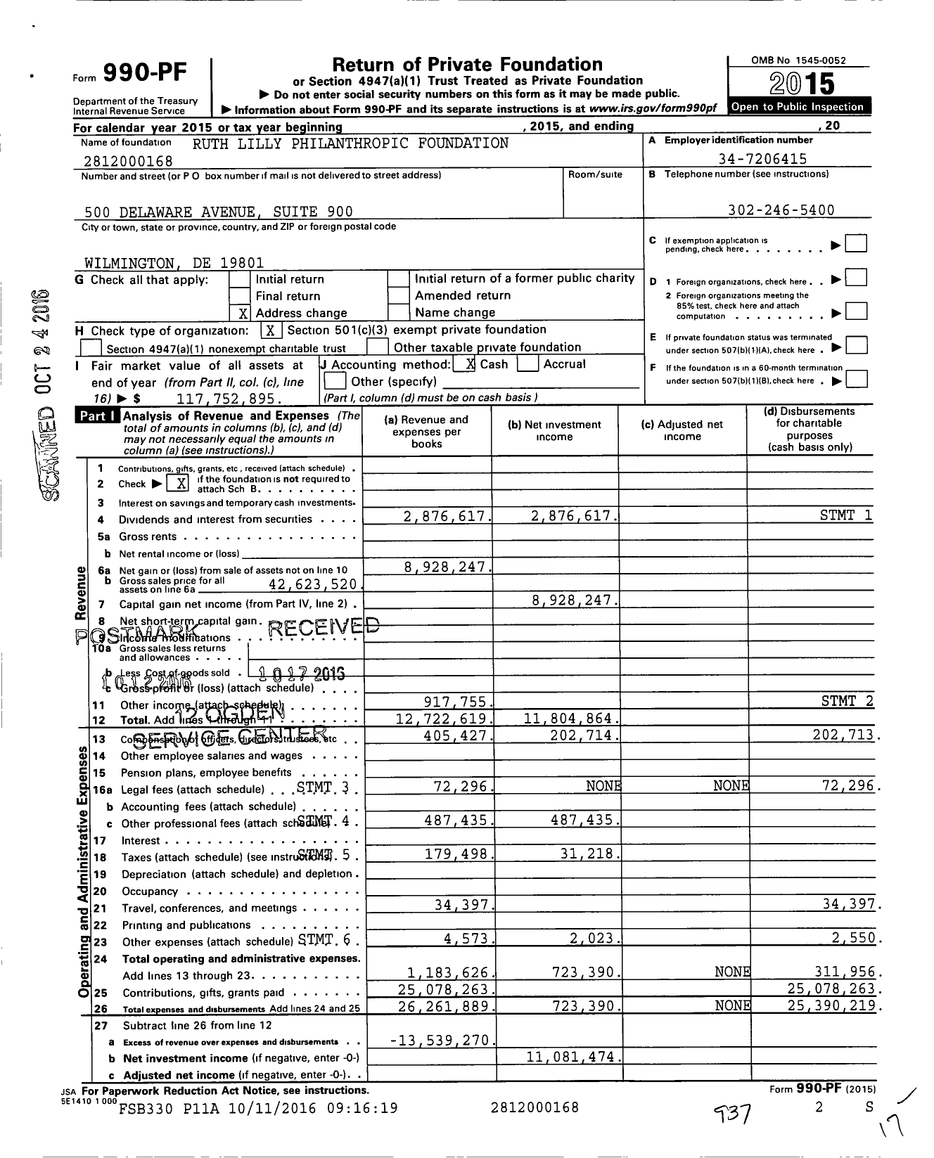 Image of first page of 2015 Form 990PF for Ruth Lilly Foundation