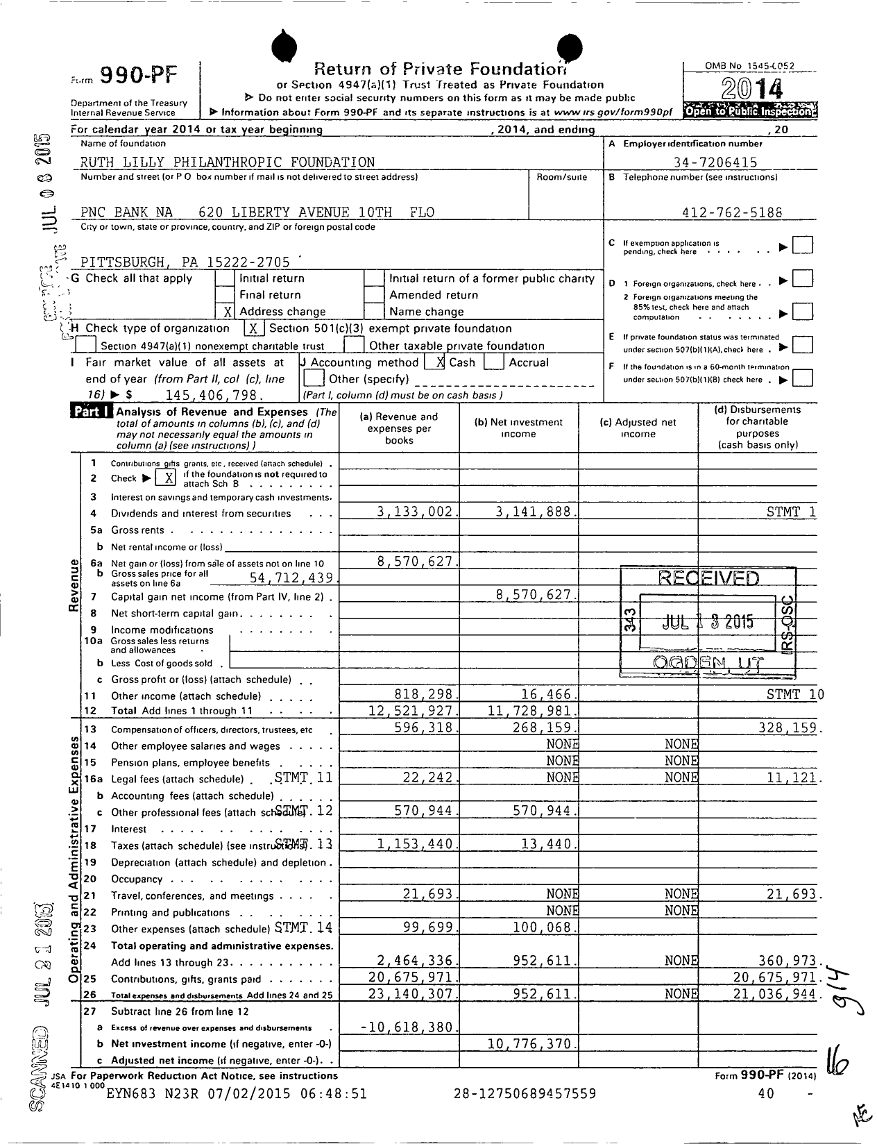 Image of first page of 2014 Form 990PF for Ruth Lilly Foundation