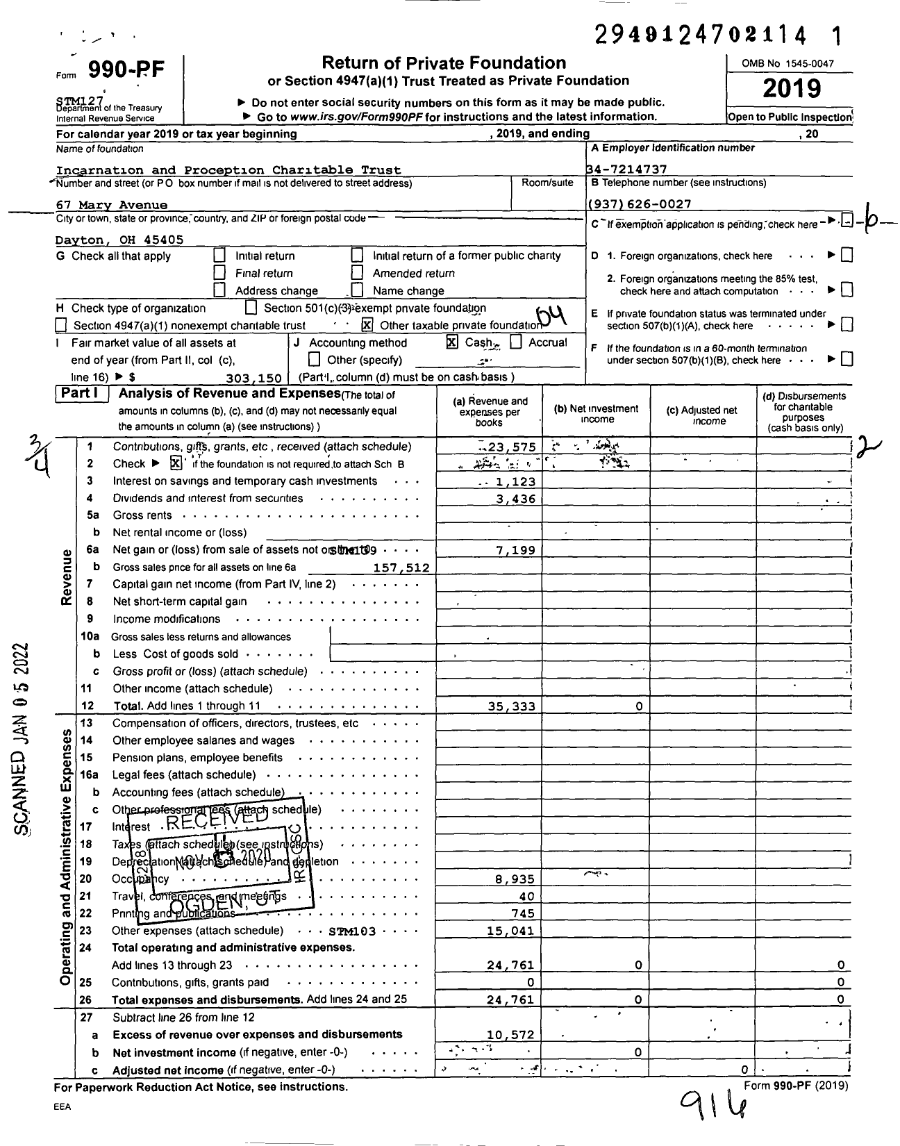 Image of first page of 2019 Form 990PF for Incarnation and Proception Charitable Trust