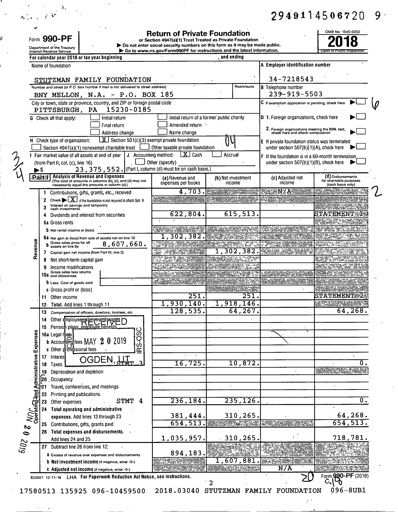 Image of first page of 2018 Form 990PF for Stutzman Family Foundation