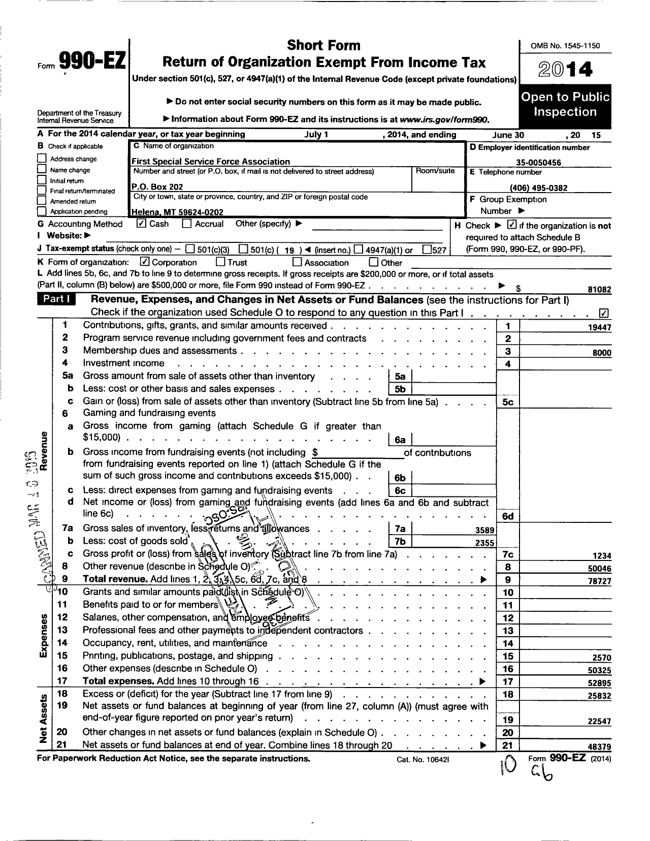 Image of first page of 2014 Form 990EO for First Special Service Force Association