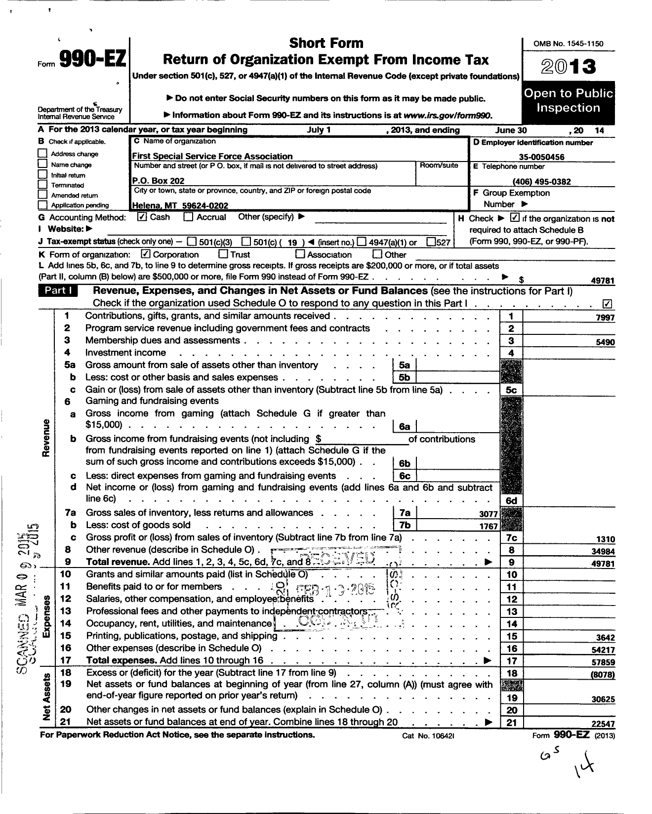 Image of first page of 2013 Form 990EO for First Special Service Force Association