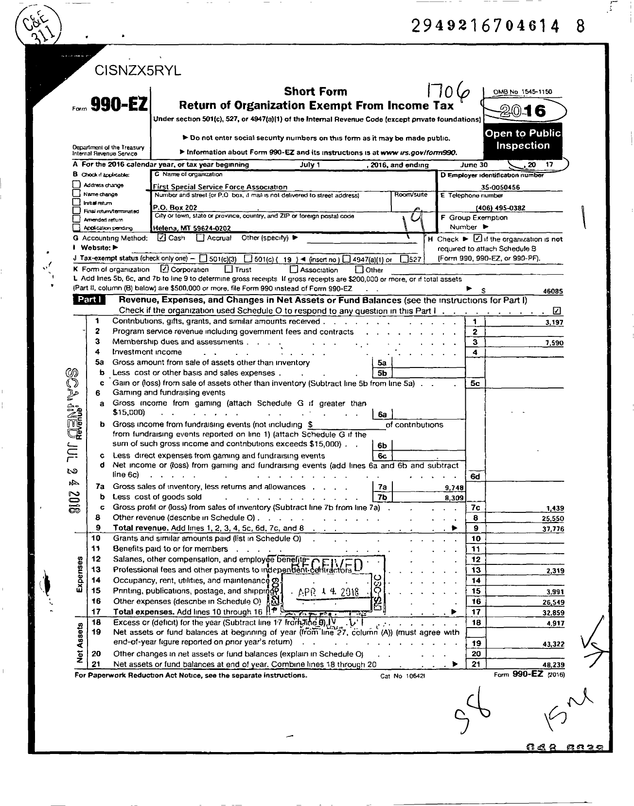 Image of first page of 2016 Form 990EO for First Special Service Force Association